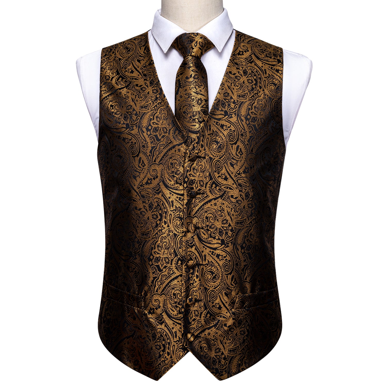 Men's Fashion Gold Black Paisley Silk Vest Necktie Pocket Square Cufflinks