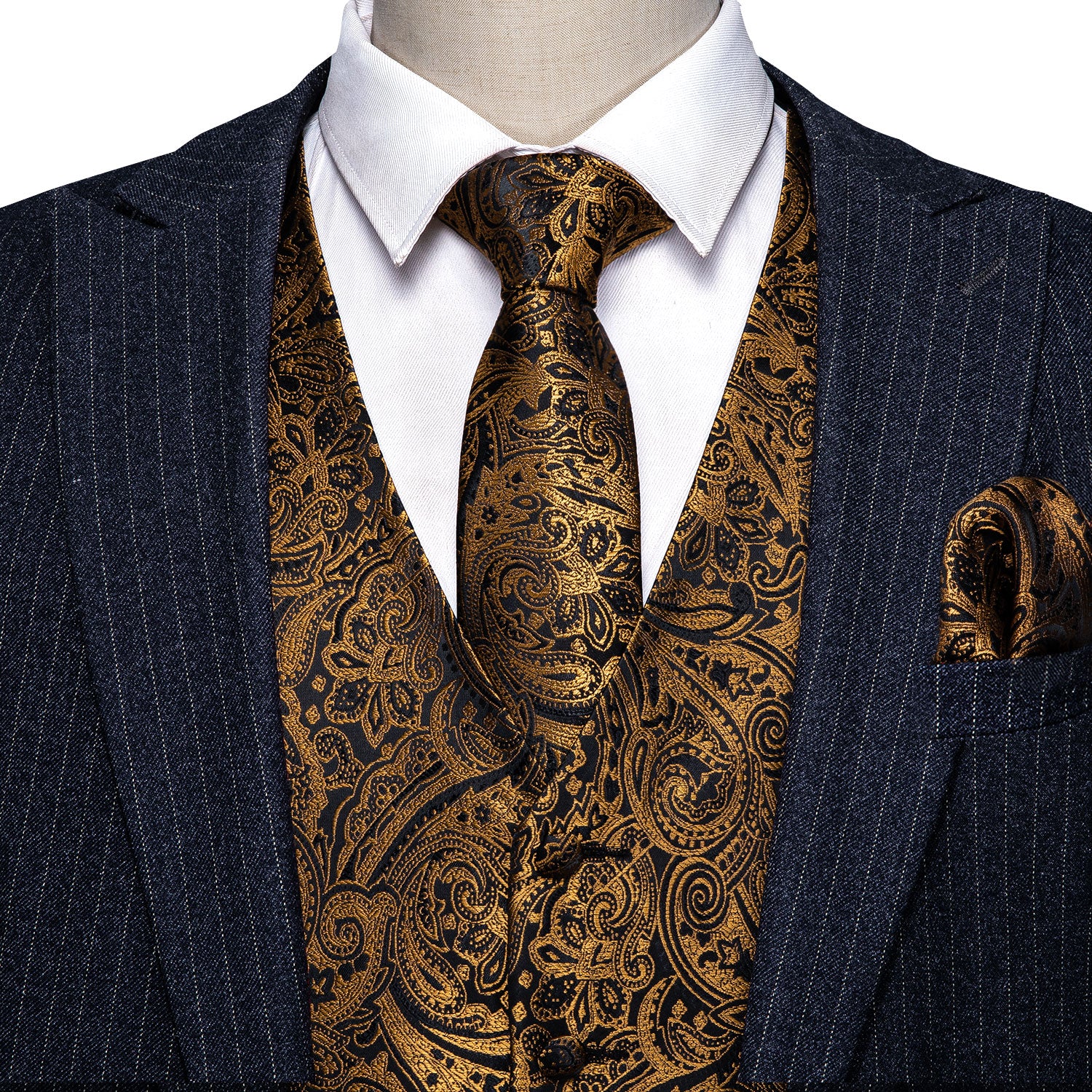 Men's Fashion Gold Black Paisley Silk Vest Necktie Pocket Square Cufflinks
