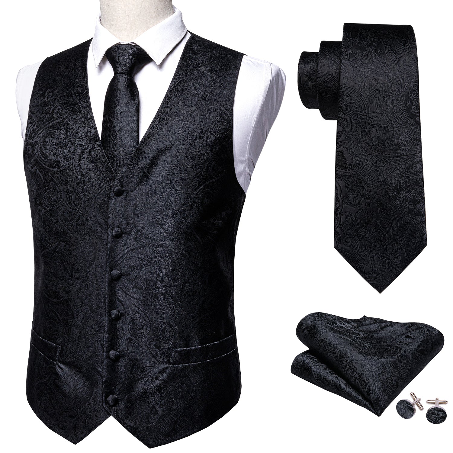 Barry. Wang Men Black Suit Vest Paisley Jacquard Dress Vest Necktie Ha