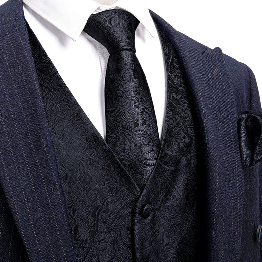 Barry. Wang Men Black Suit Vest Paisley Jacquard Dress Vest Necktie Hanky Cufflinks Set