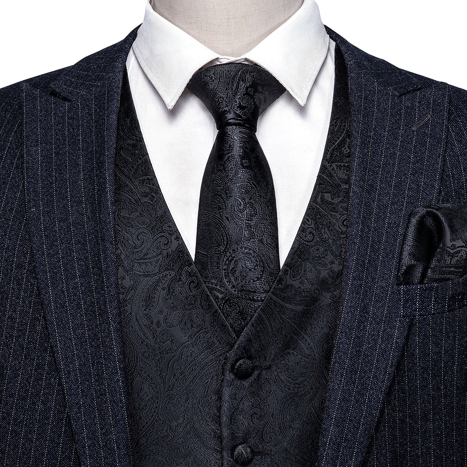 New Men's Black Paisley Silk Vest Necktie Pocket Square Cufflinks