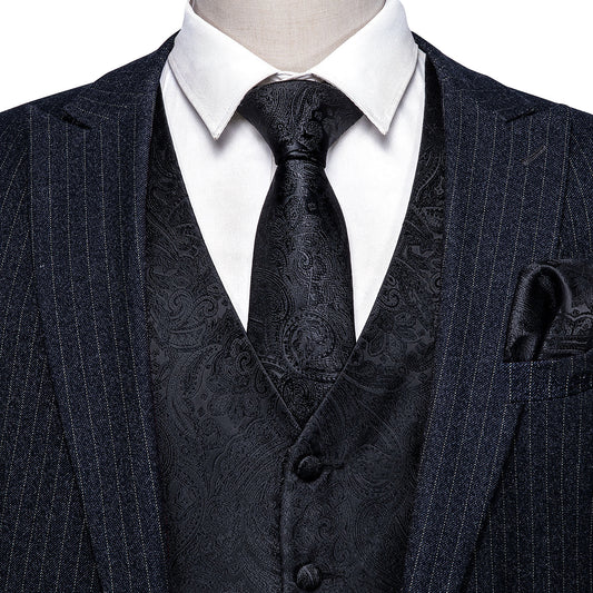 Barry. Wang Men Black Suit Vest Paisley Jacquard Dress Vest Necktie Hanky Cufflinks Set