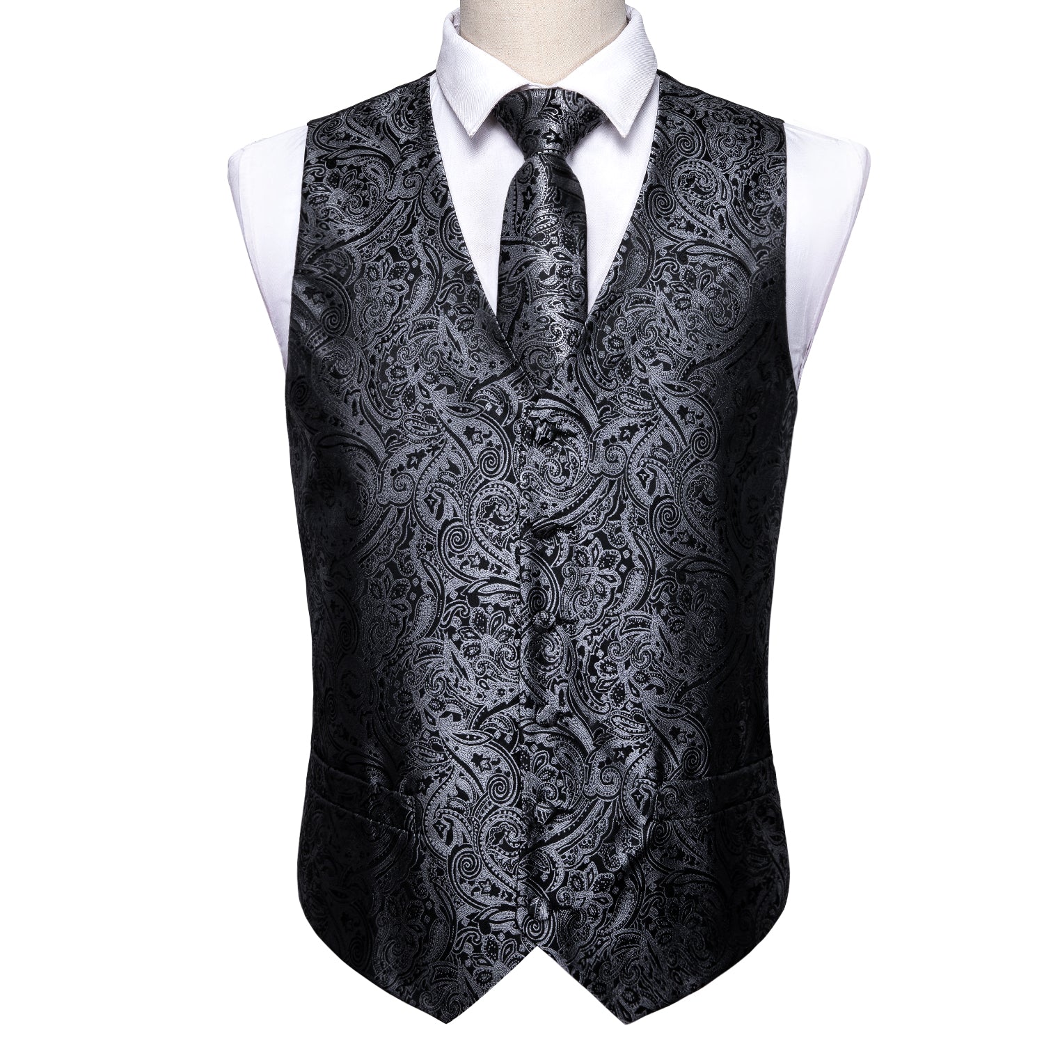New Men's Grey Black Paisley Silk Vest Necktie Pocket Square Cufflinks