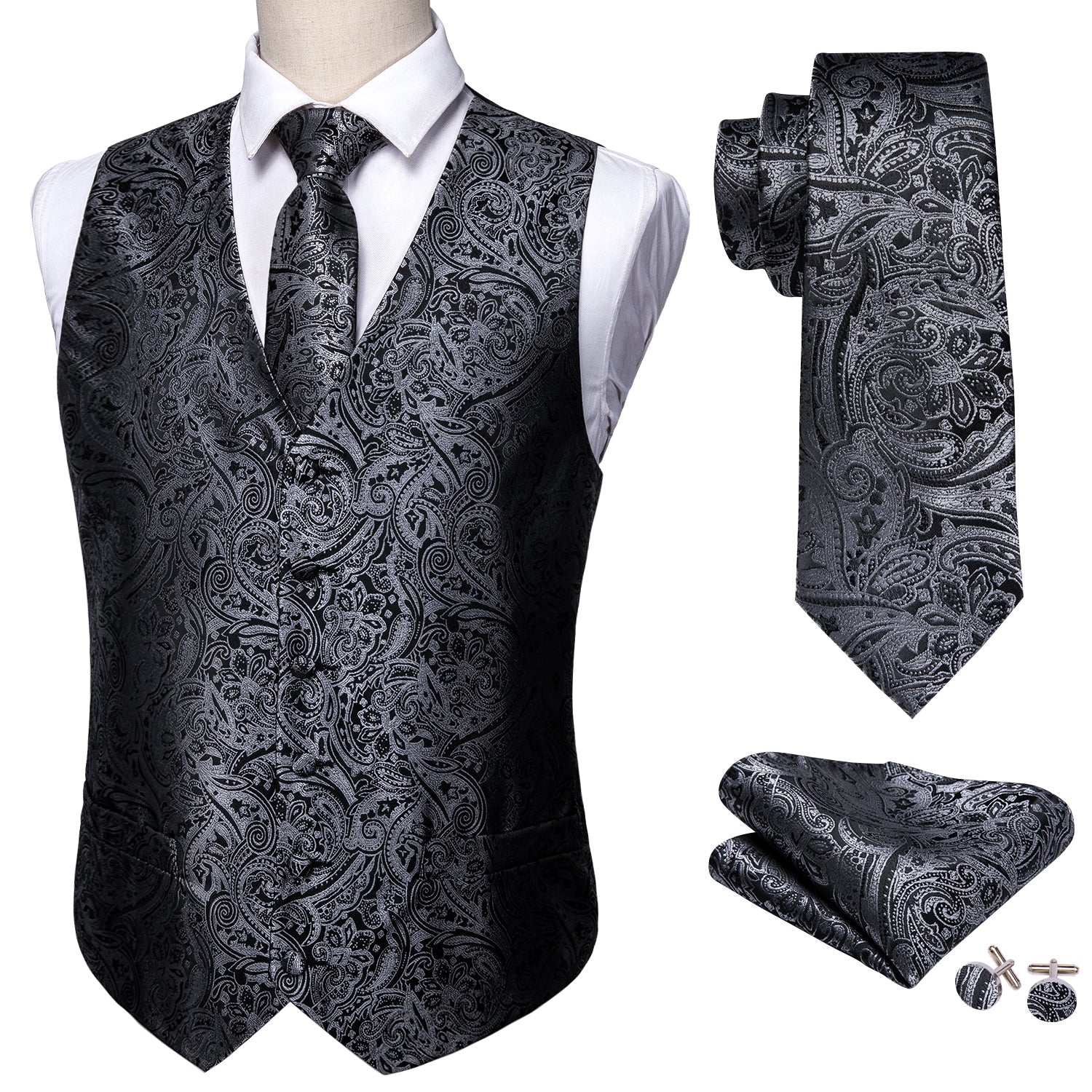 New Men's Grey Black Paisley Silk Vest Necktie Pocket Square Cufflinks