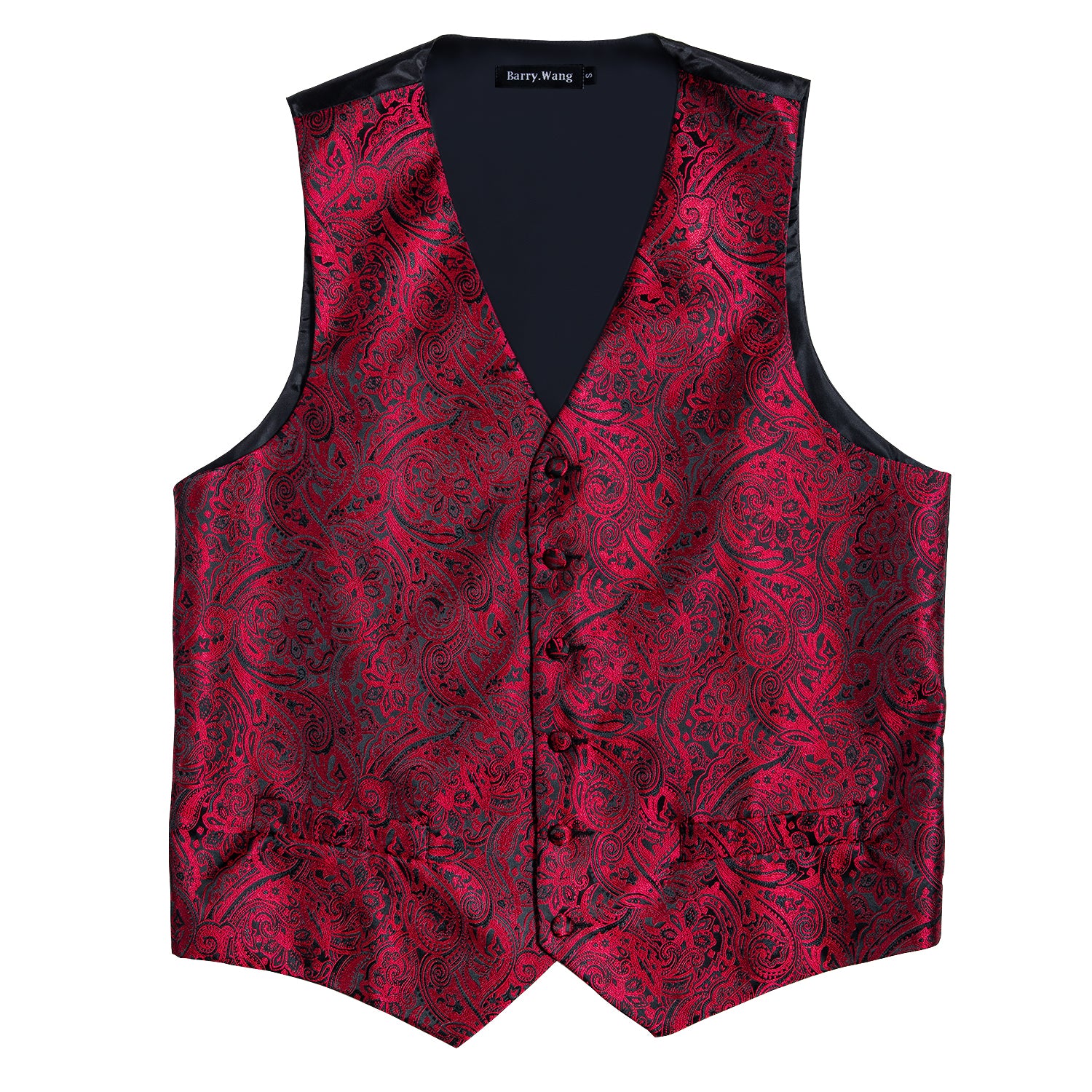 New Men's Red Black Paisley Silk Vest Necktie Pocket Square Cufflinks