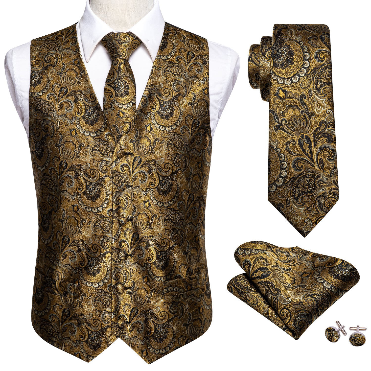 New Men's Golden Paisley Silk Vest Necktie Pocket square Cufflinks