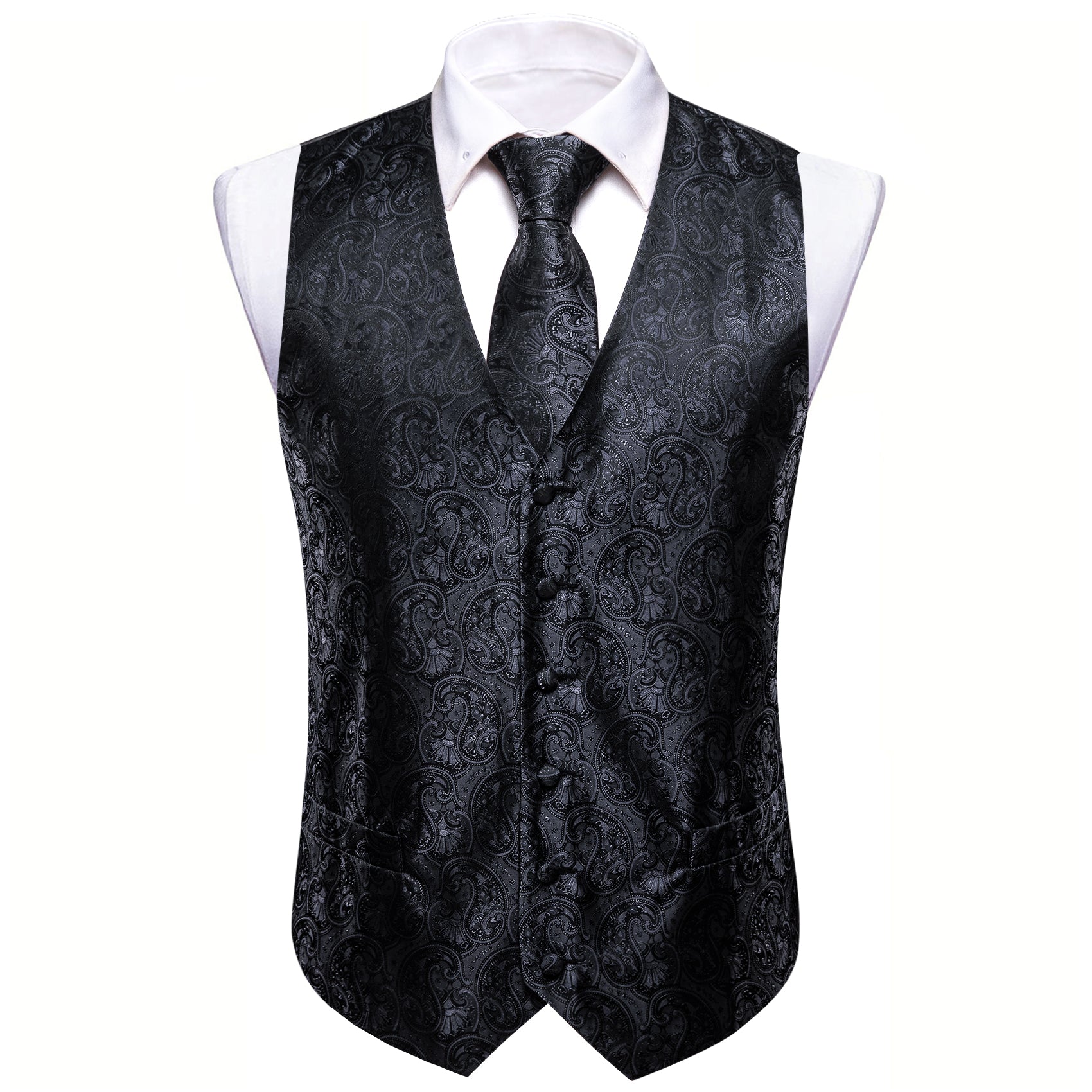 Men's Black Paisley Silk Vest Necktie Pocket square Cufflinks