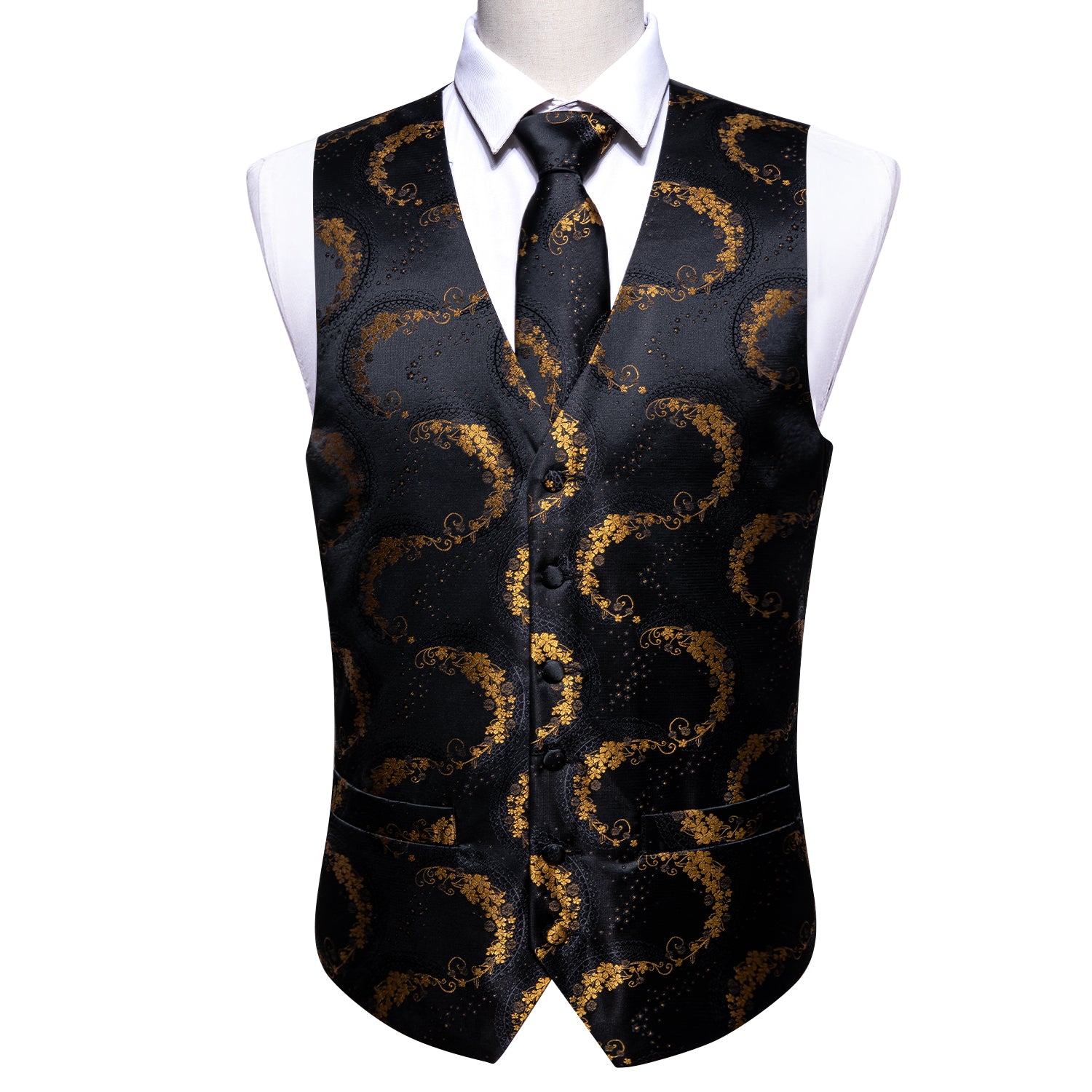 Classy Men's Black Golden Paisley Silk Vest Necktie Pocket square Cufflinks