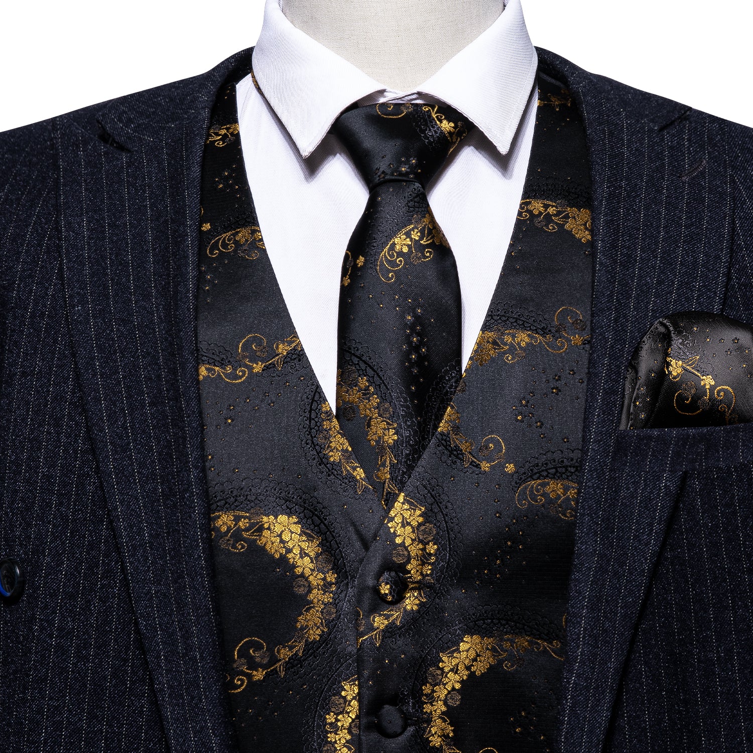 Classy Men's Black Golden Paisley Silk Vest Necktie Pocket square Cufflinks
