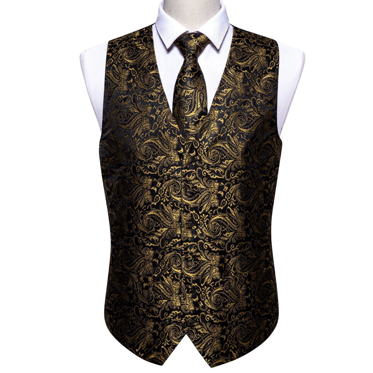 Classy Men's Black Golden Floral Silk Vest Necktie Pocket square Cufflinks