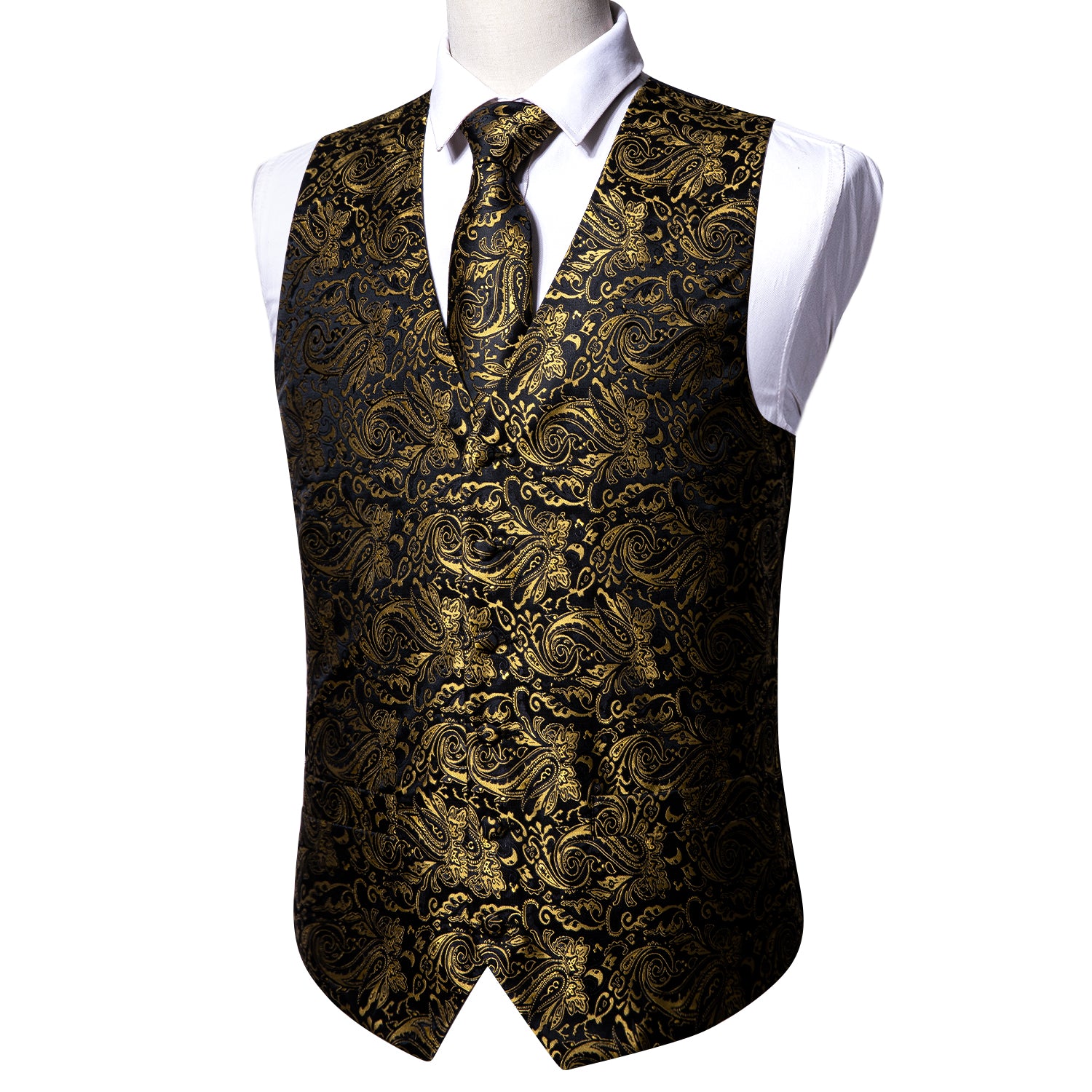 Classy Men's Black Golden Floral Silk Vest Necktie Pocket square Cufflinks