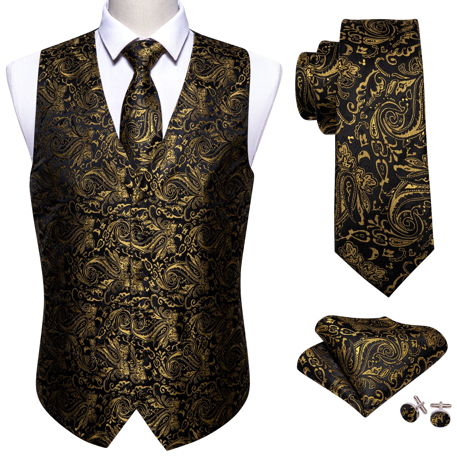 Classy Men's Black Golden Floral Silk Vest Necktie Pocket square Cuffl