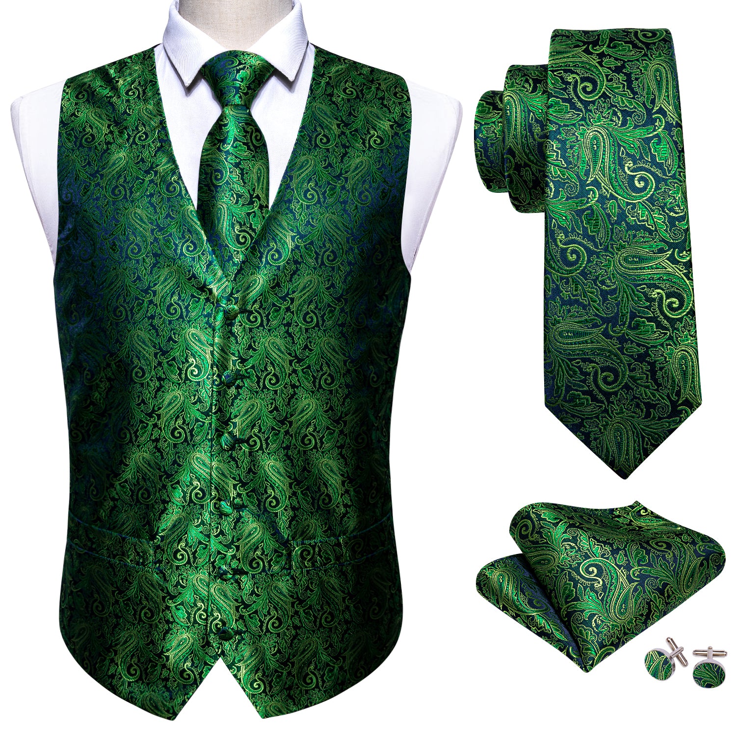 Classy Men's Green Paisley Silk Vest Necktie Pocket square Cufflinks