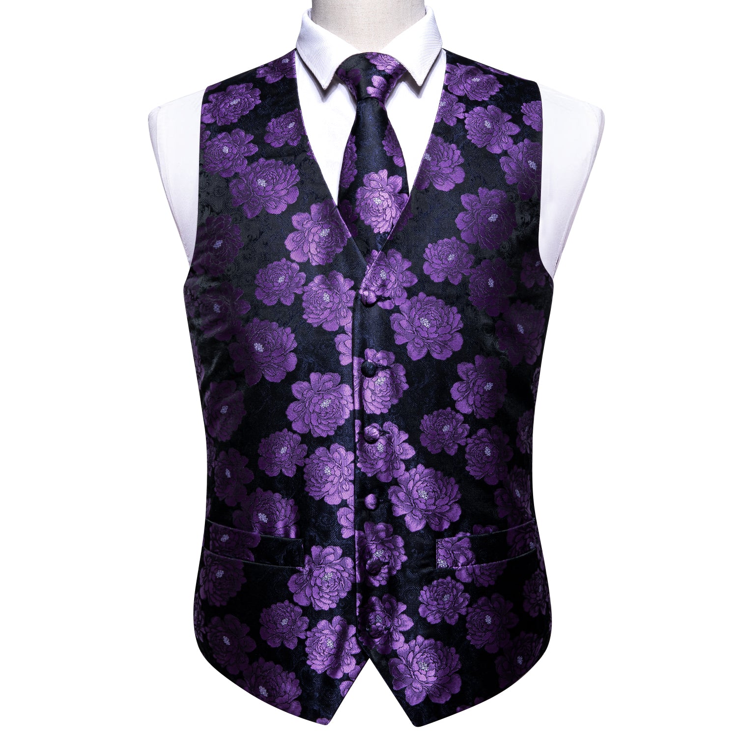 Classy Men's Purple Flower Silk Vest Necktie Pocket square Cufflinks