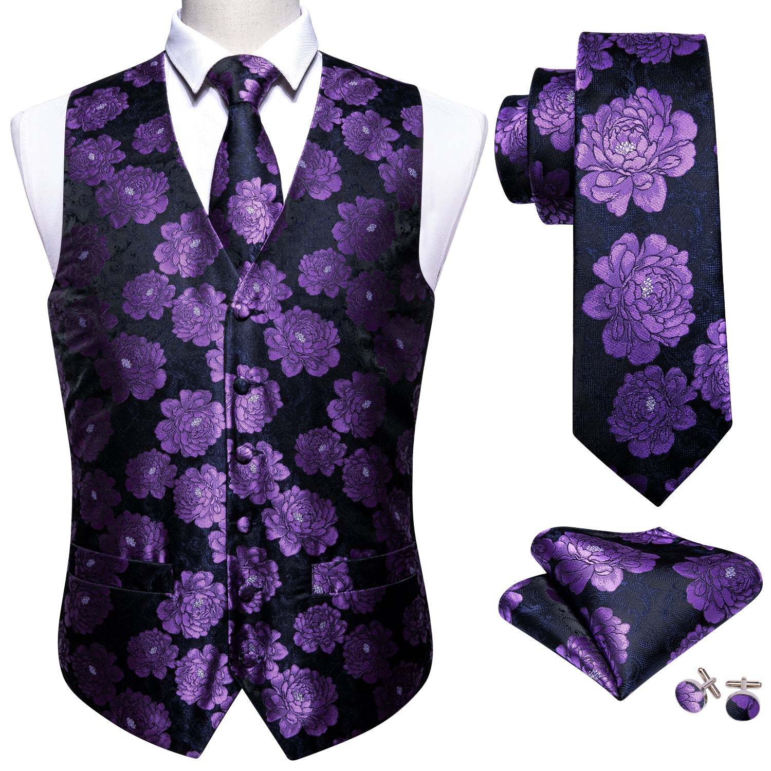 Classy Men's Purple Flower Silk Vest Necktie Pocket square Cufflinks