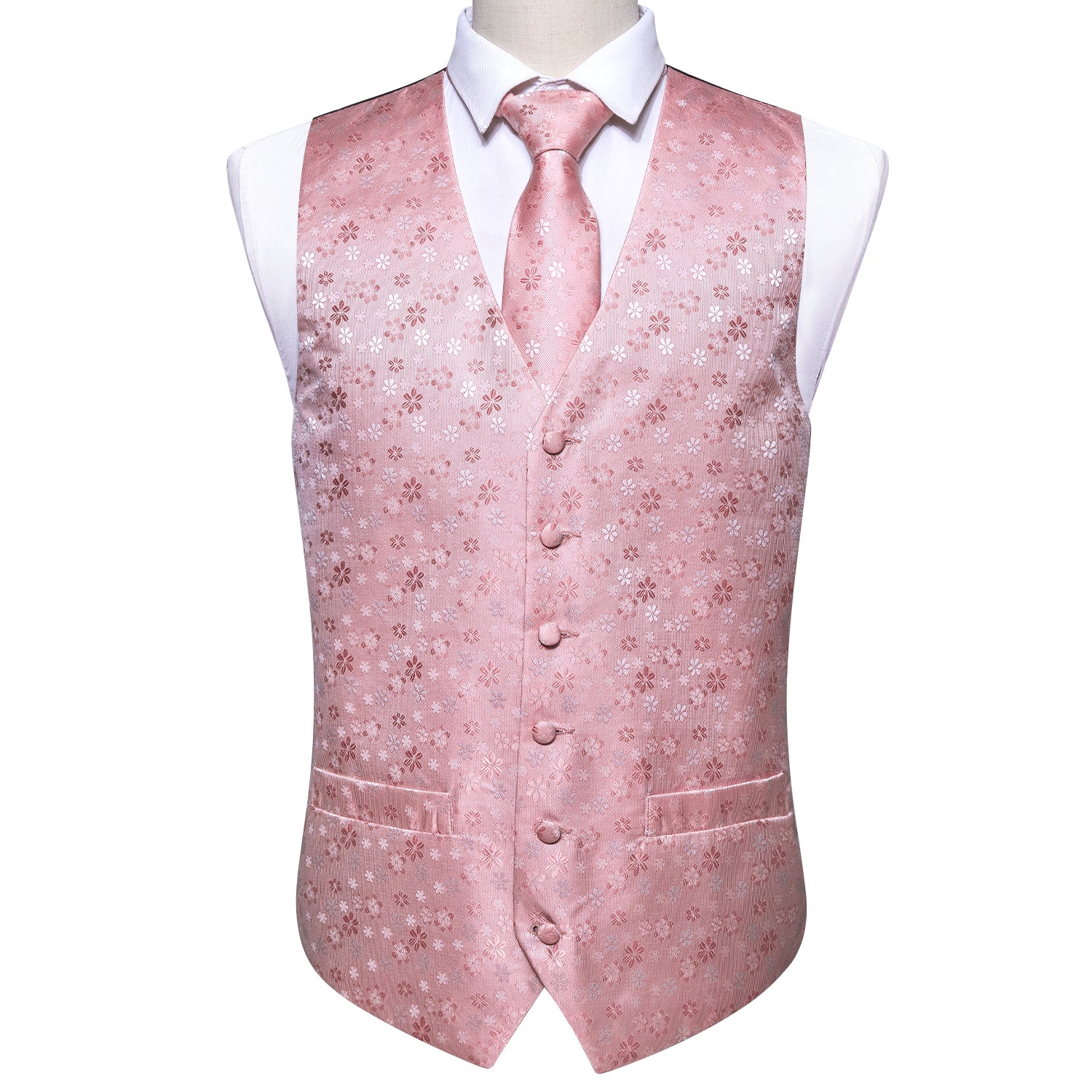 Classy Men's Pink Floral Silk Vest Necktie Pocket square Cufflinks