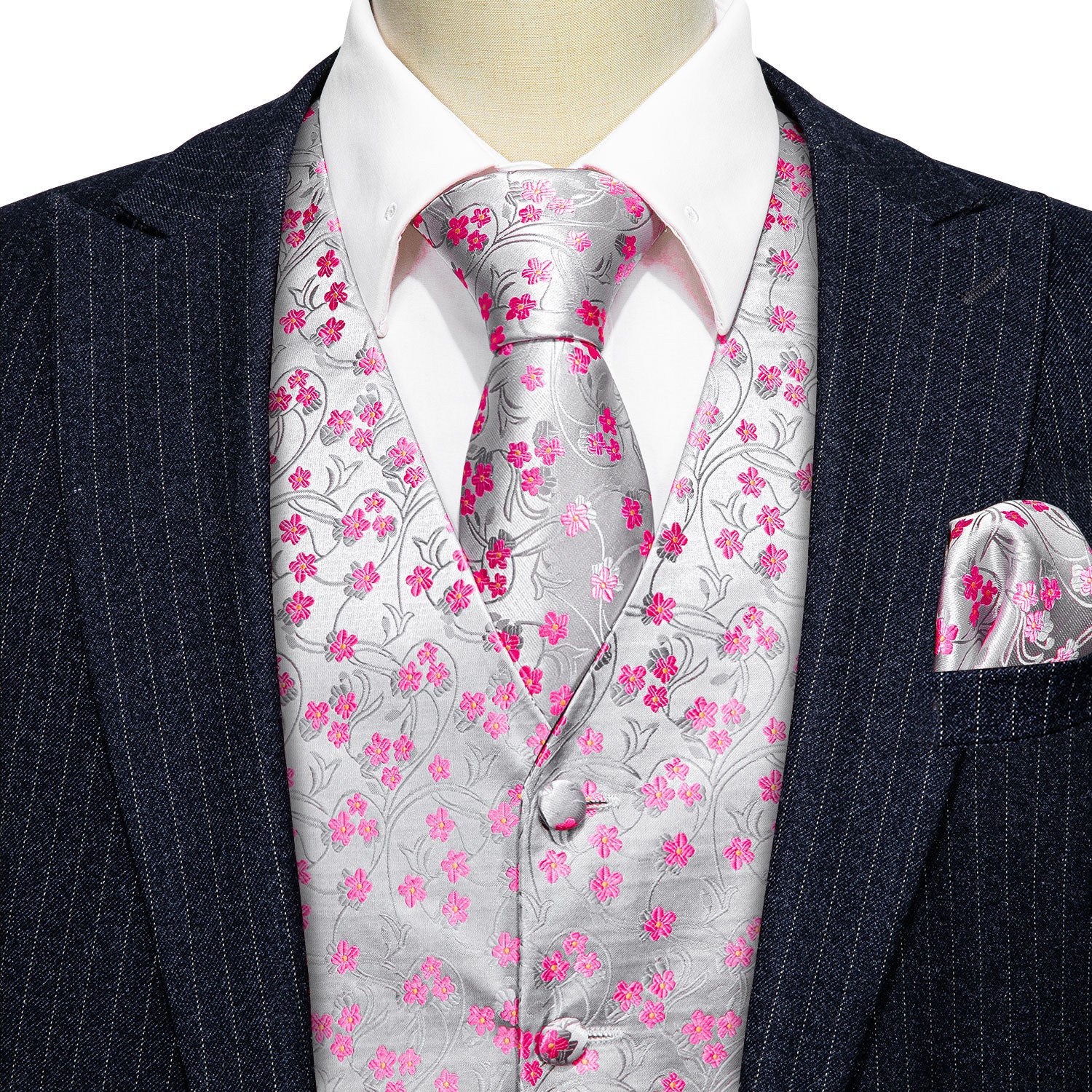 Men's Pink White Flower Silk Vest Necktie Pocket square Cufflinks