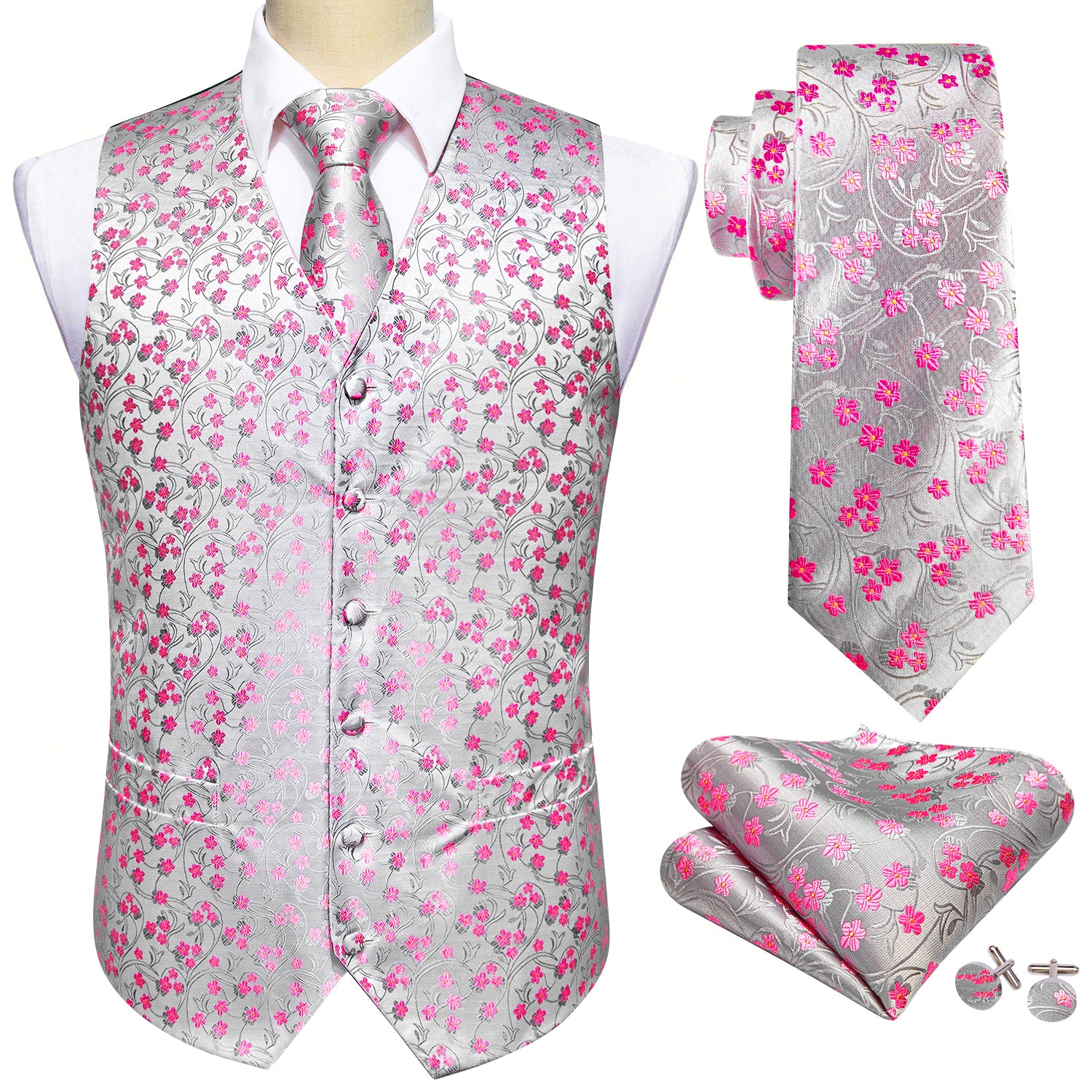 Men's Pink White Flower Silk Vest Necktie Pocket square Cufflinks