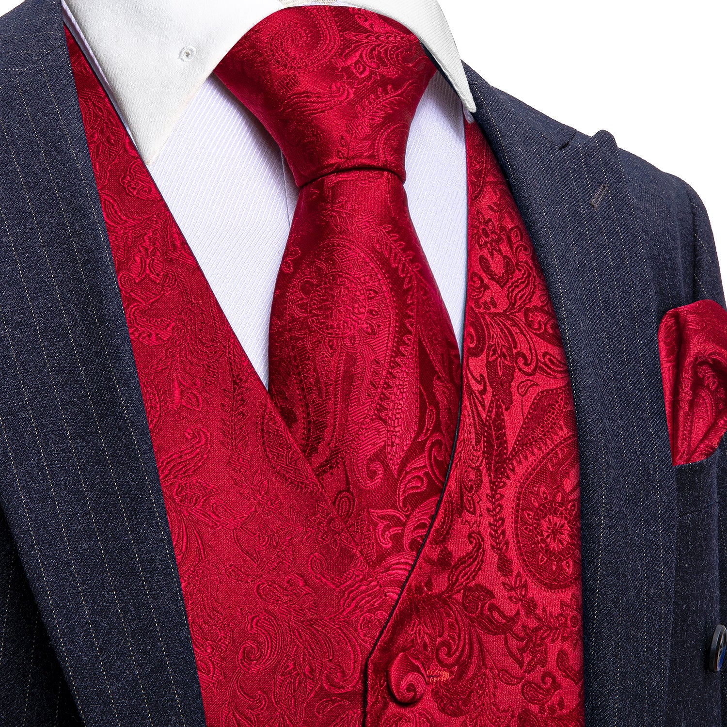 Classy Men's Red Paisley Silk Vest Necktie Pocket square Cufflinks