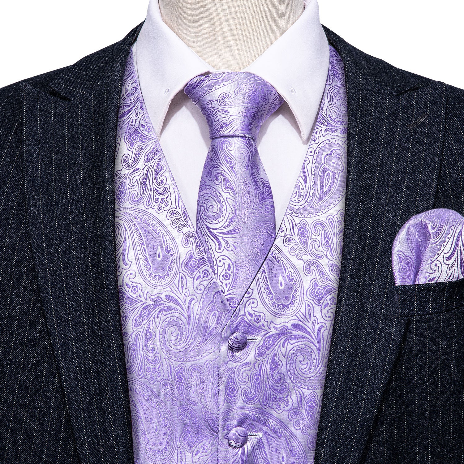Men's Light Purple Paisley Silk Vest Necktie Pocket square Cufflinks