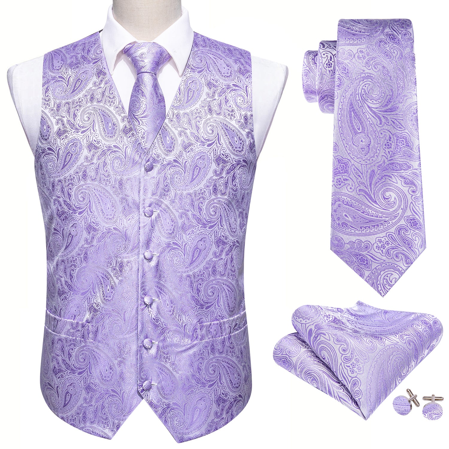 Men's Light Purple Paisley Silk Vest Necktie Pocket square Cufflinks