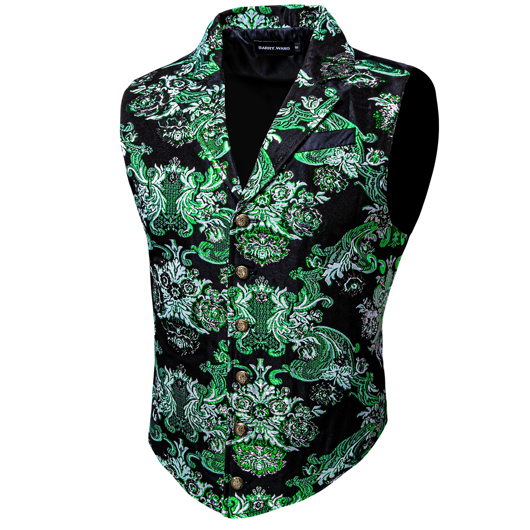 Luxury Men's Green Black Jacquard Floral Silk Waistcoat Vest