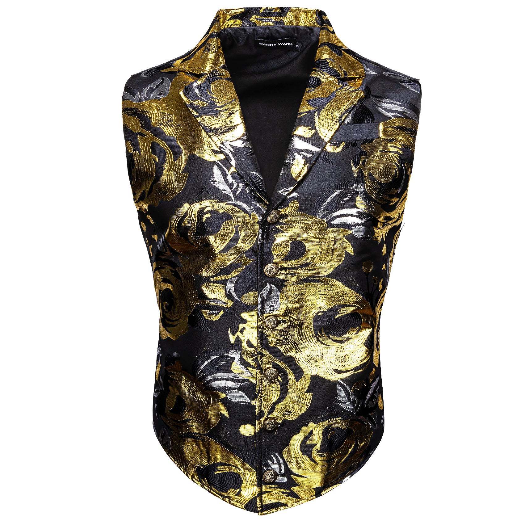 Luxury Men's Gold Black Jacquard Floral Silk Waistcoat Vest