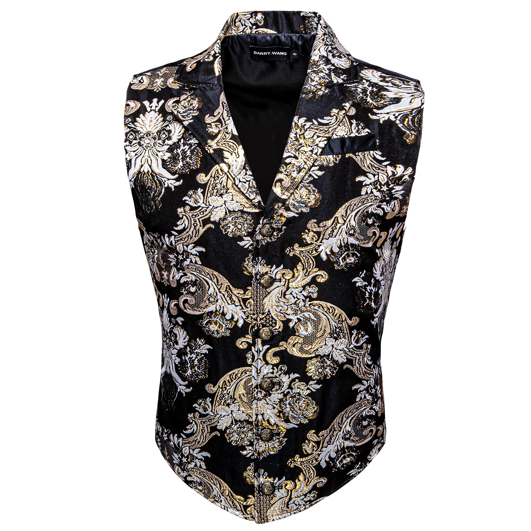 Barry.wang Men's Vest Silver Black Floral Silk Notched Collar Waistcoat Luxury