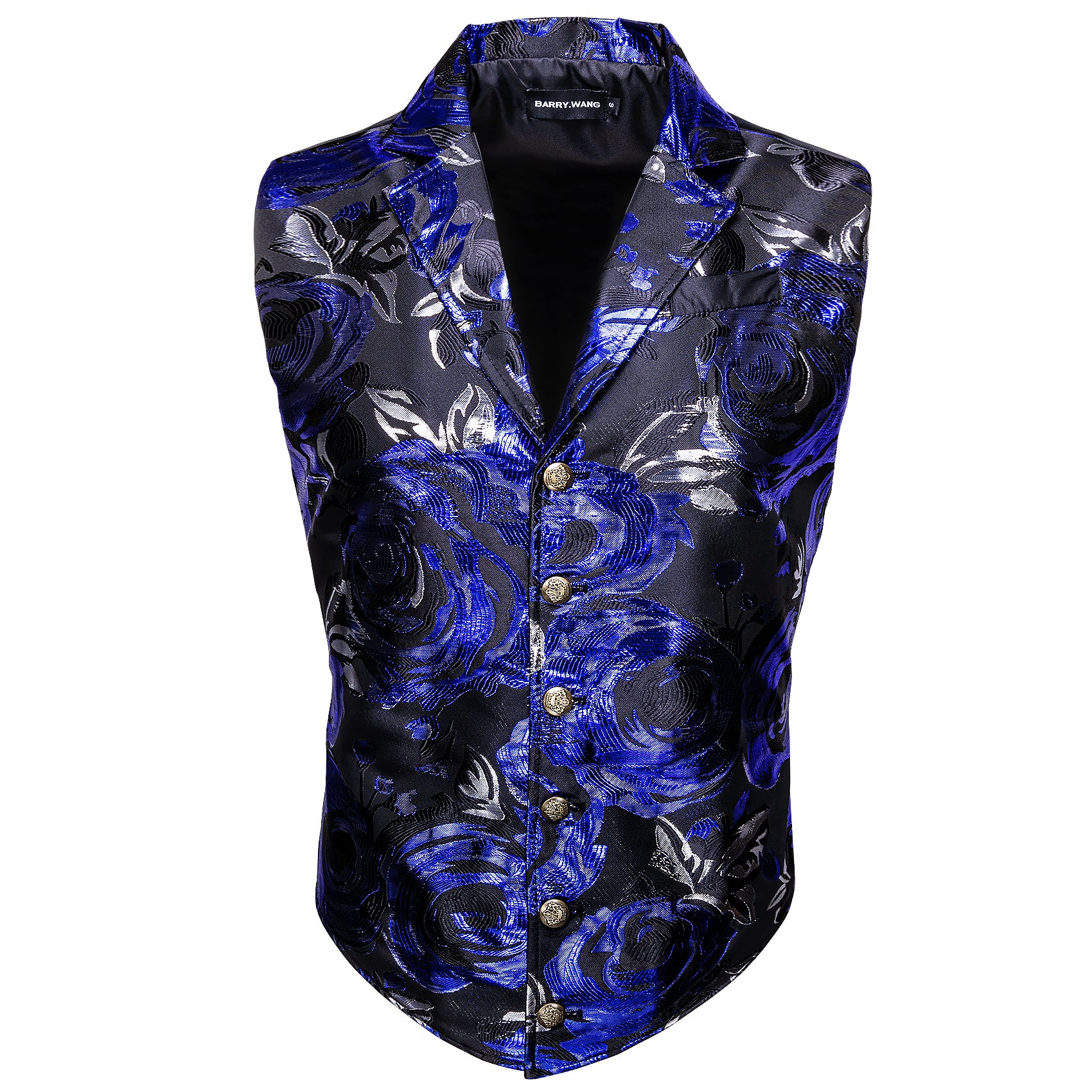 Luxury Men's Deep Blue Black Jacquard Floral Silk Waistcoat Vest