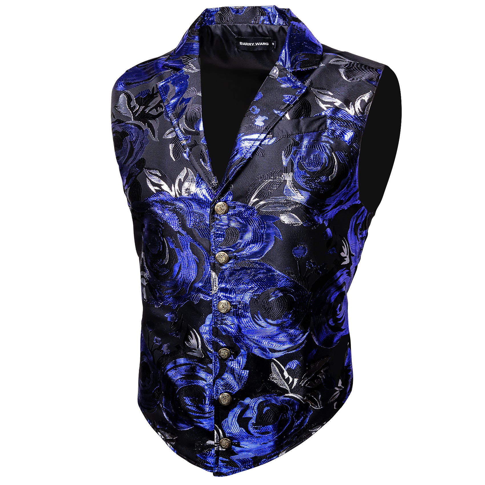 Luxury Men's Deep Blue Black Jacquard Floral Silk Waistcoat Vest