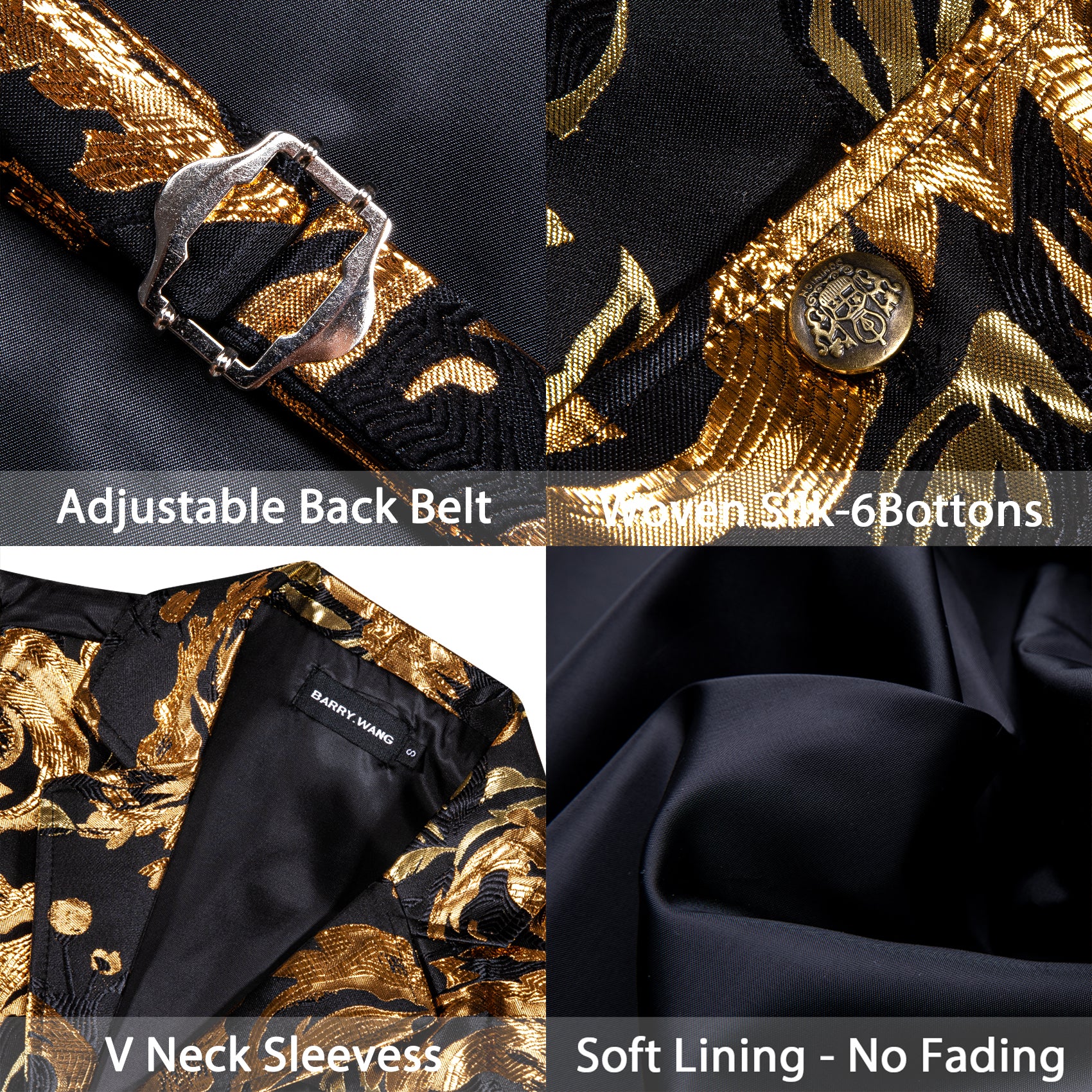 Luxury Men's New Golden Black Jacquard Floral Silk Waistcoat Vest