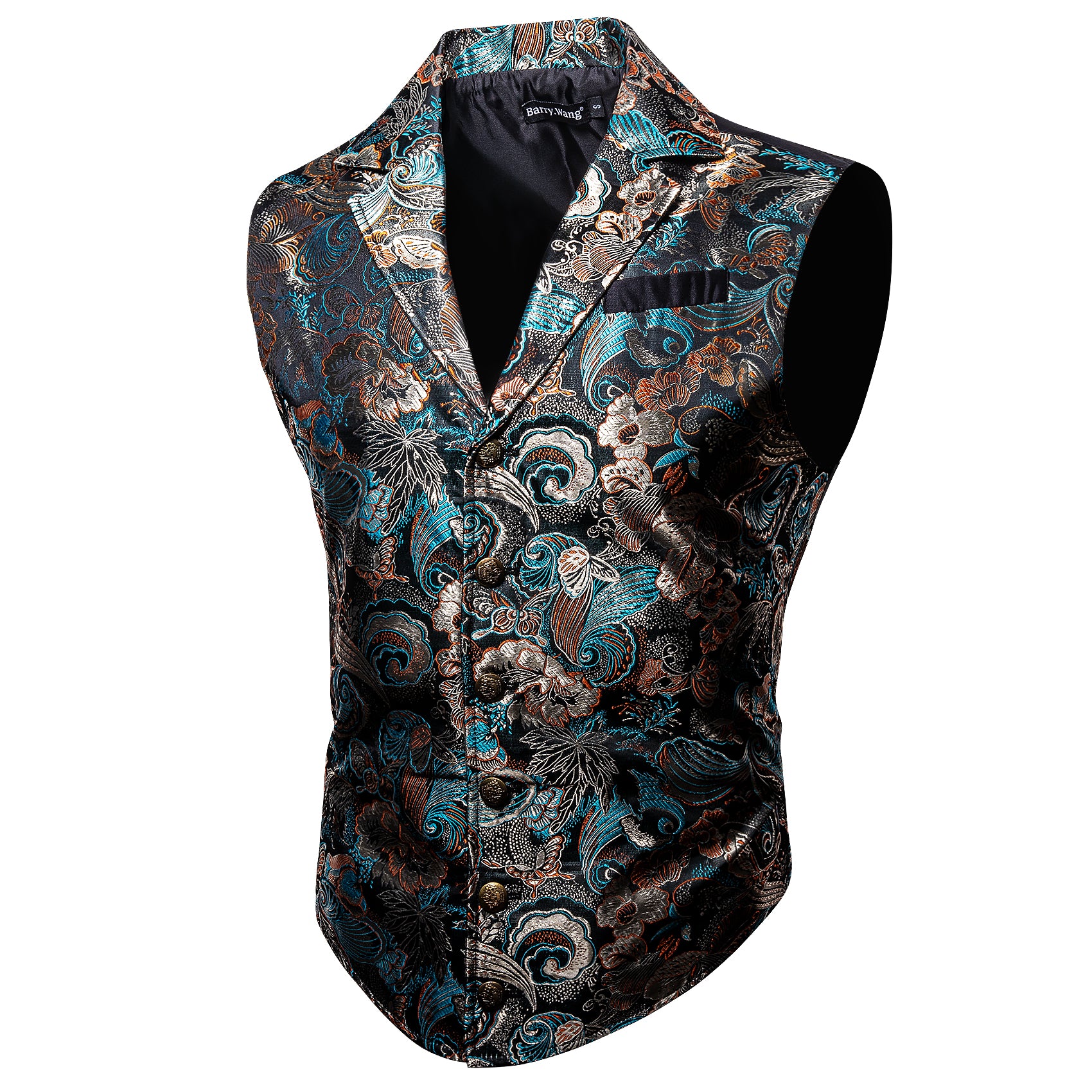 Men's New Blue Gold Jacquard Floral Silk Waistcoat Vest