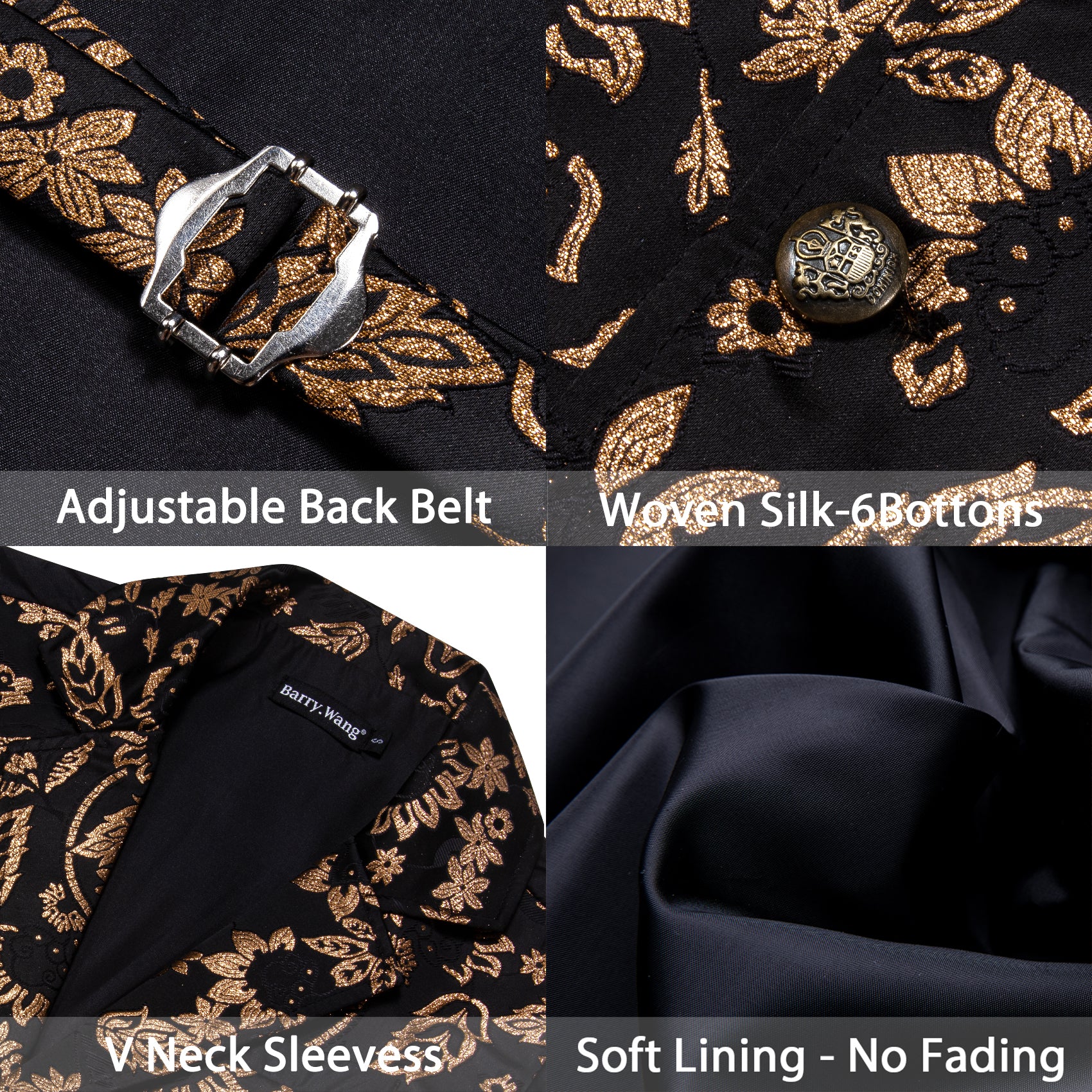 Men's New Gold Black Flower Jacquard Floral Silk Waistcoat Vest