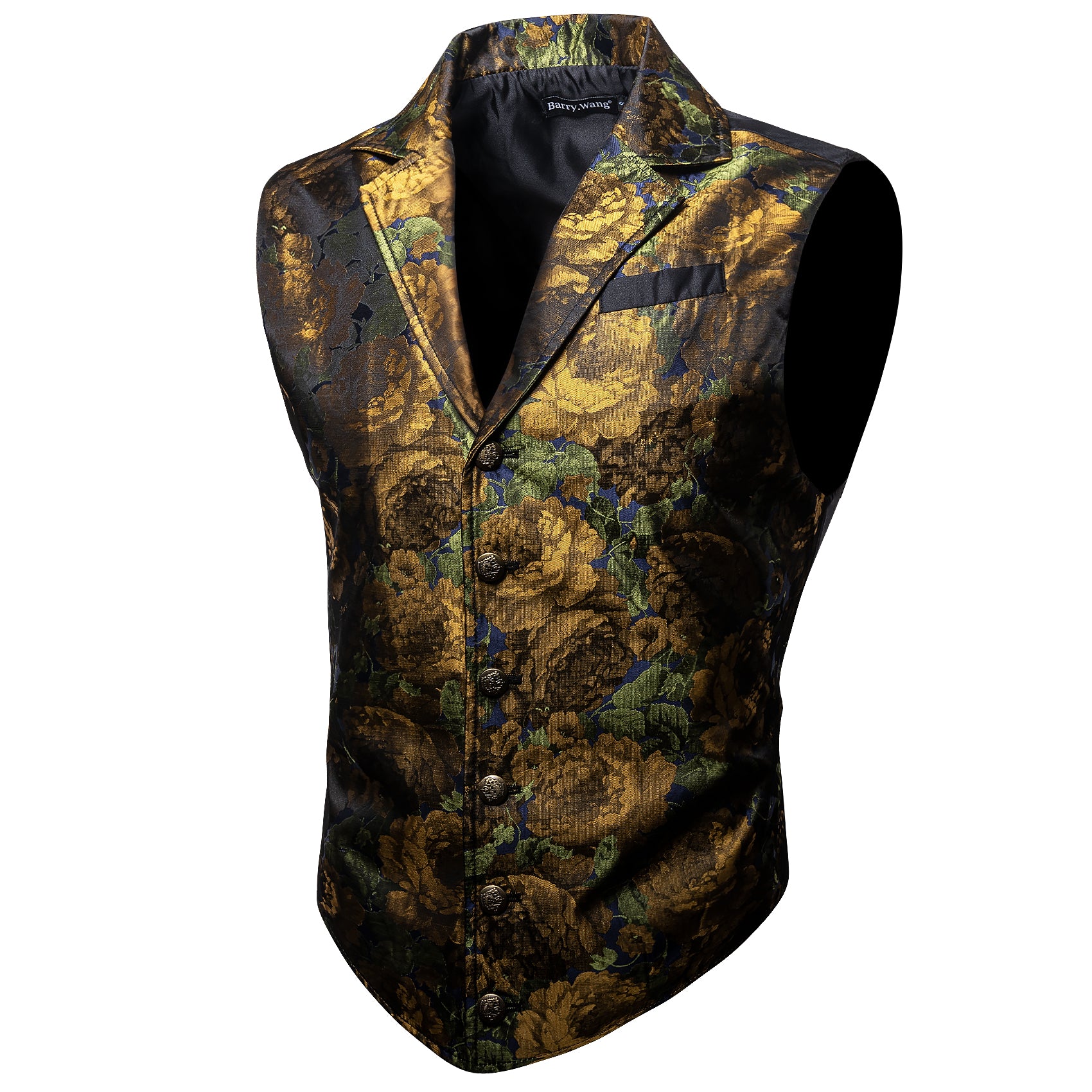 Men's Gold Green Flower Jacquard Floral Silk Waistcoat Vest