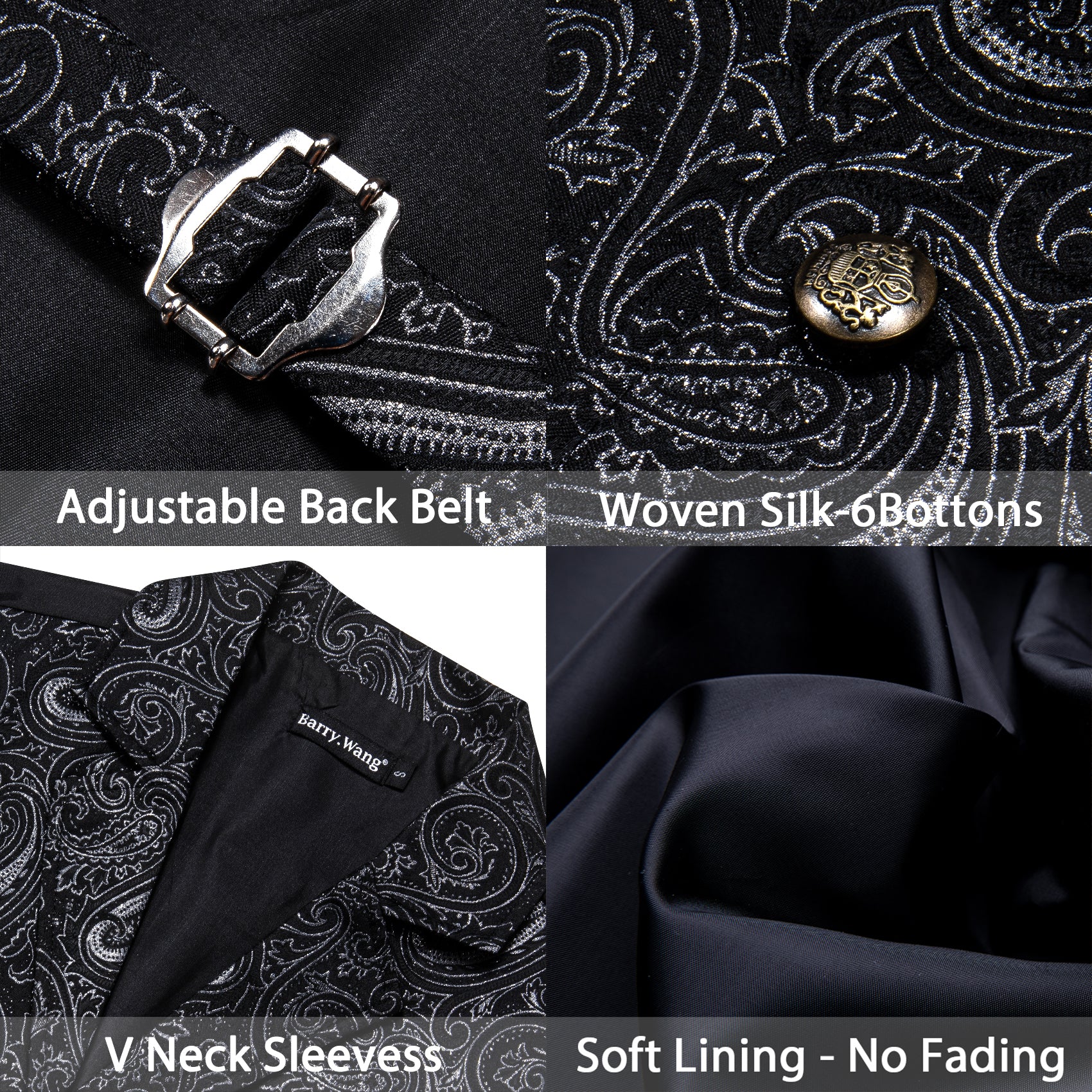 Barry.wang Men's Work Vest Black Paisley Paisley Silk Waistcoat