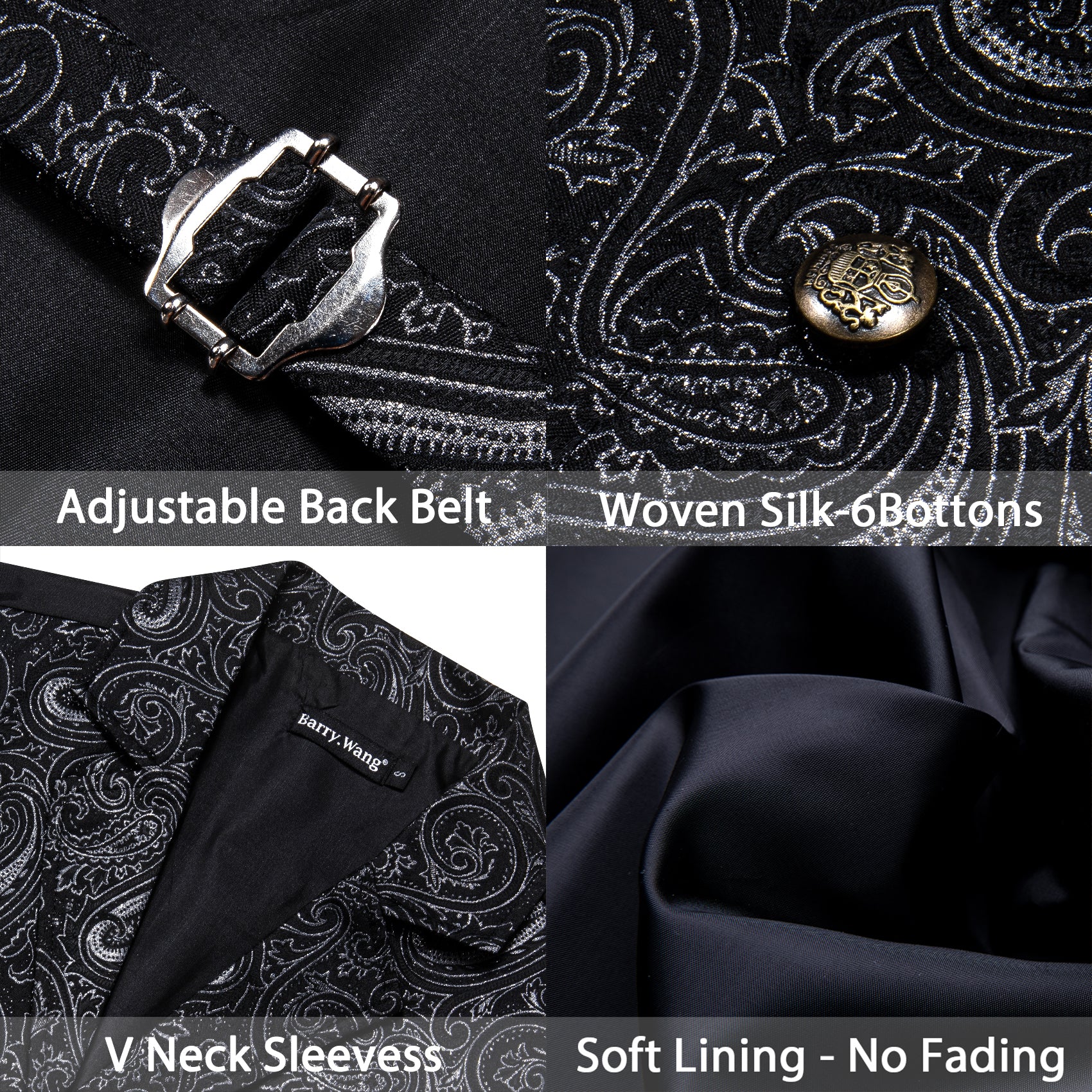 Men's Black Paisley Jacquard Floral Silk Waistcoat Vest