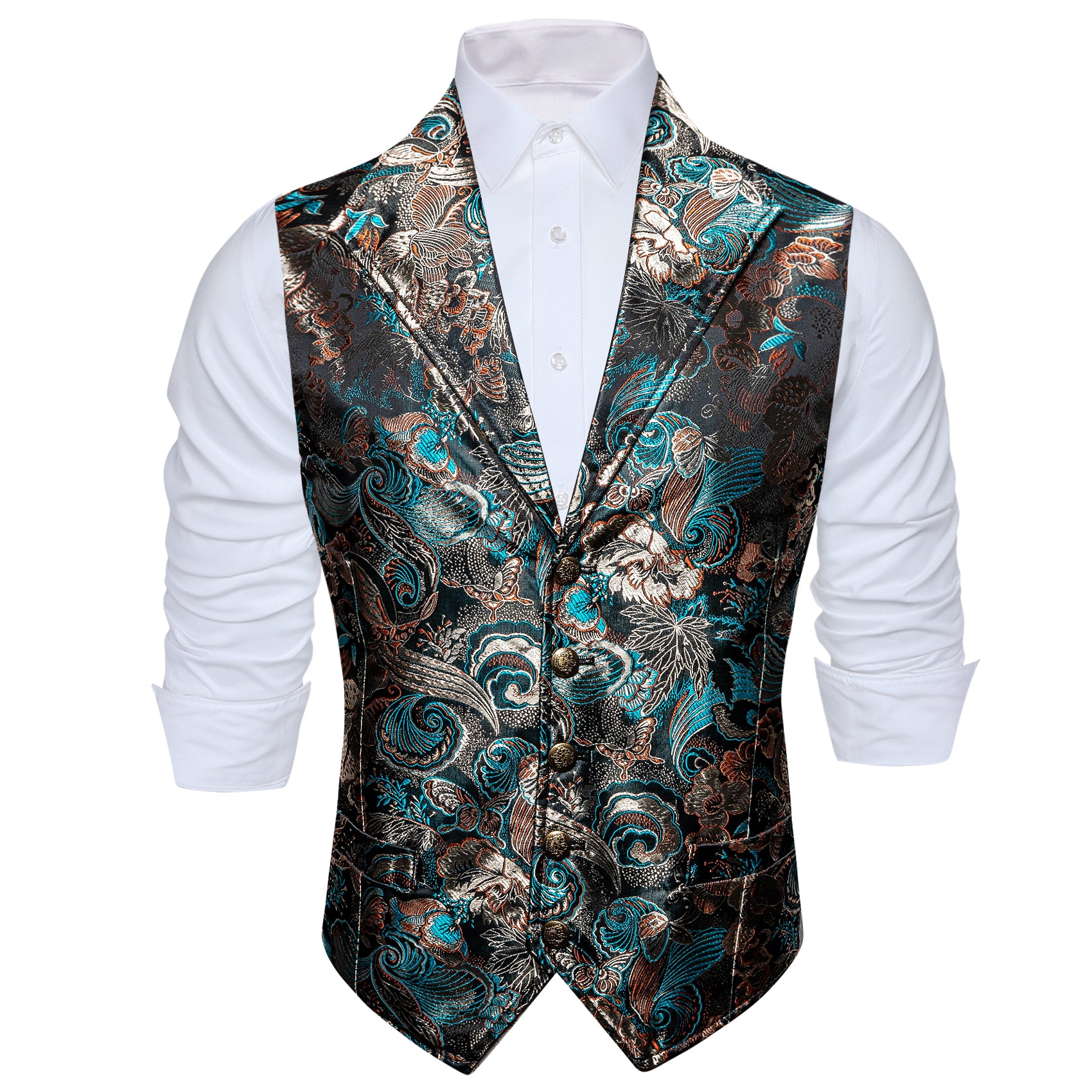 Luxury Men's New Blue Brown Paisley Silk V-Neck Waistcoat Vest