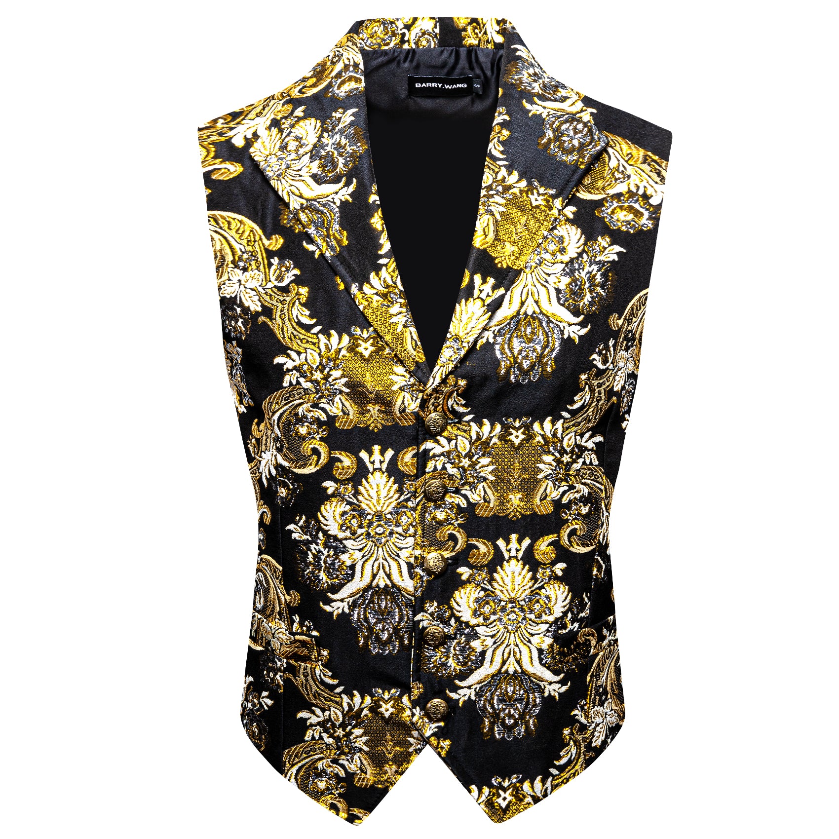 Luxury Men's Black Gold Paisley Silk V-Neck Waistcoat Vest