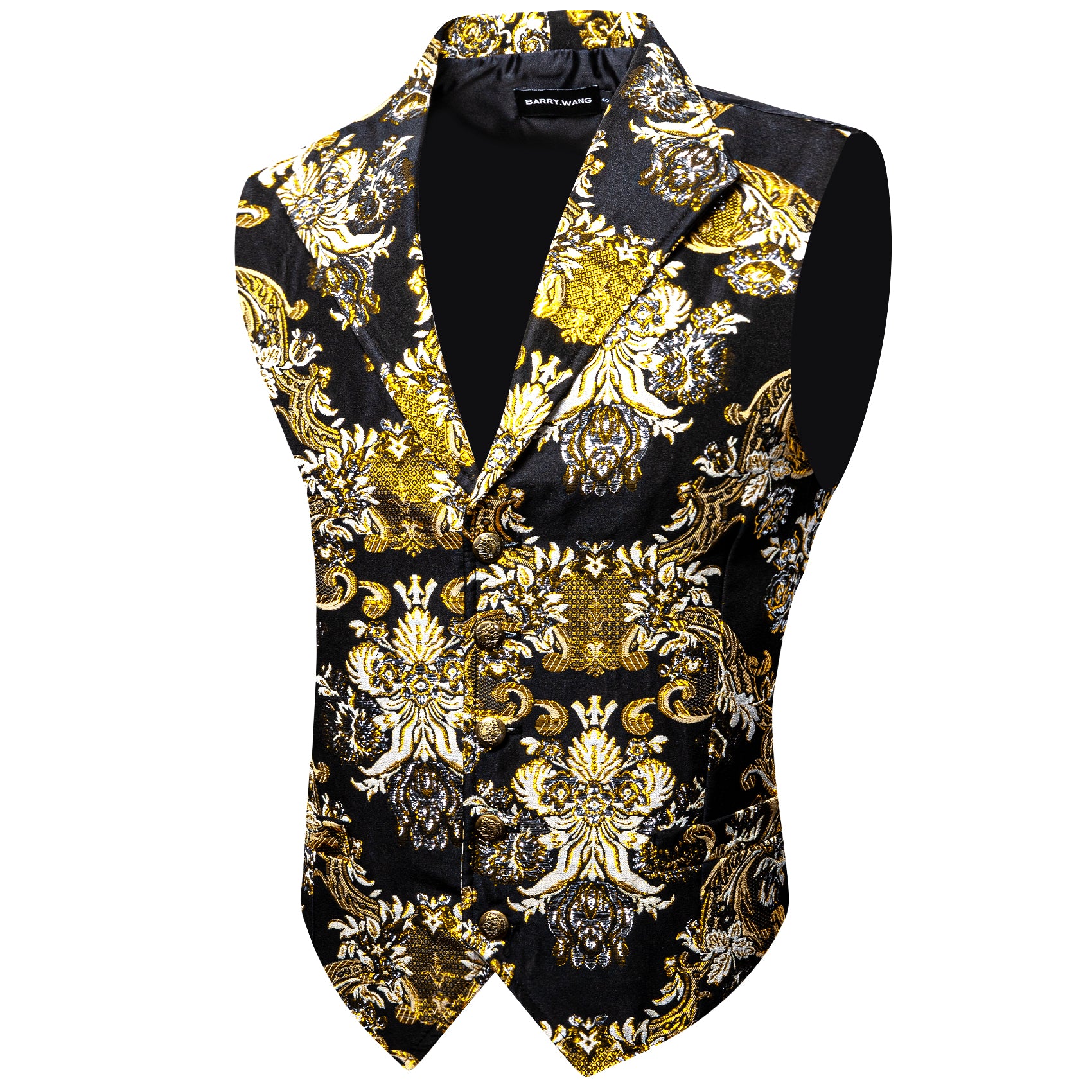 Luxury Men's New Black Gold Paisley Silk V-Neck Waistcoat Vest