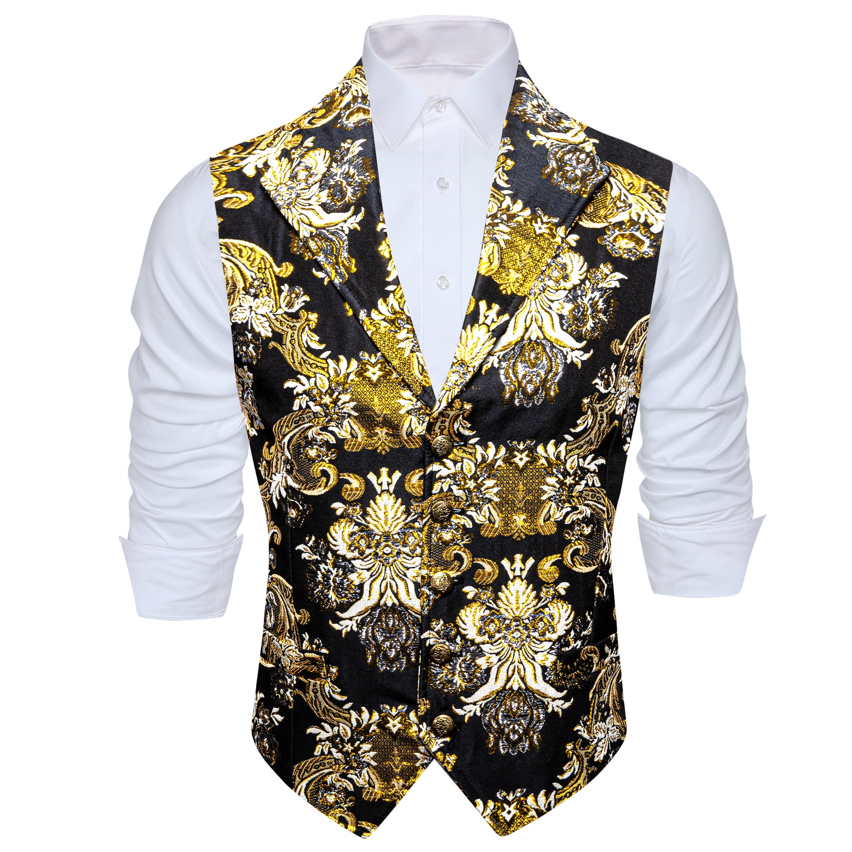 Luxury Men's Black Gold Paisley Silk V-Neck Waistcoat Vest