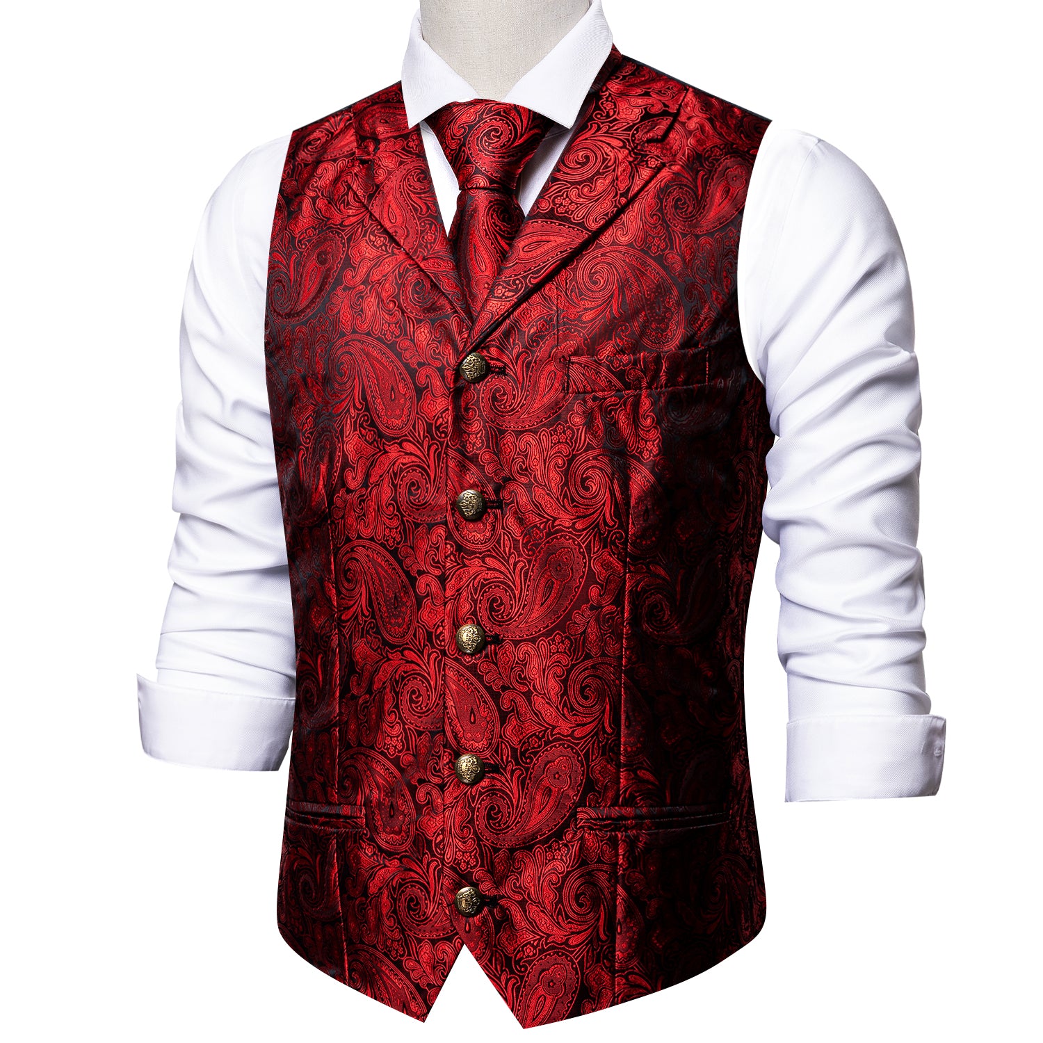 Barry.wang Men's Vest Bright Red Paisley Silk Vest Necktie Pocket Square Cufflinks Set