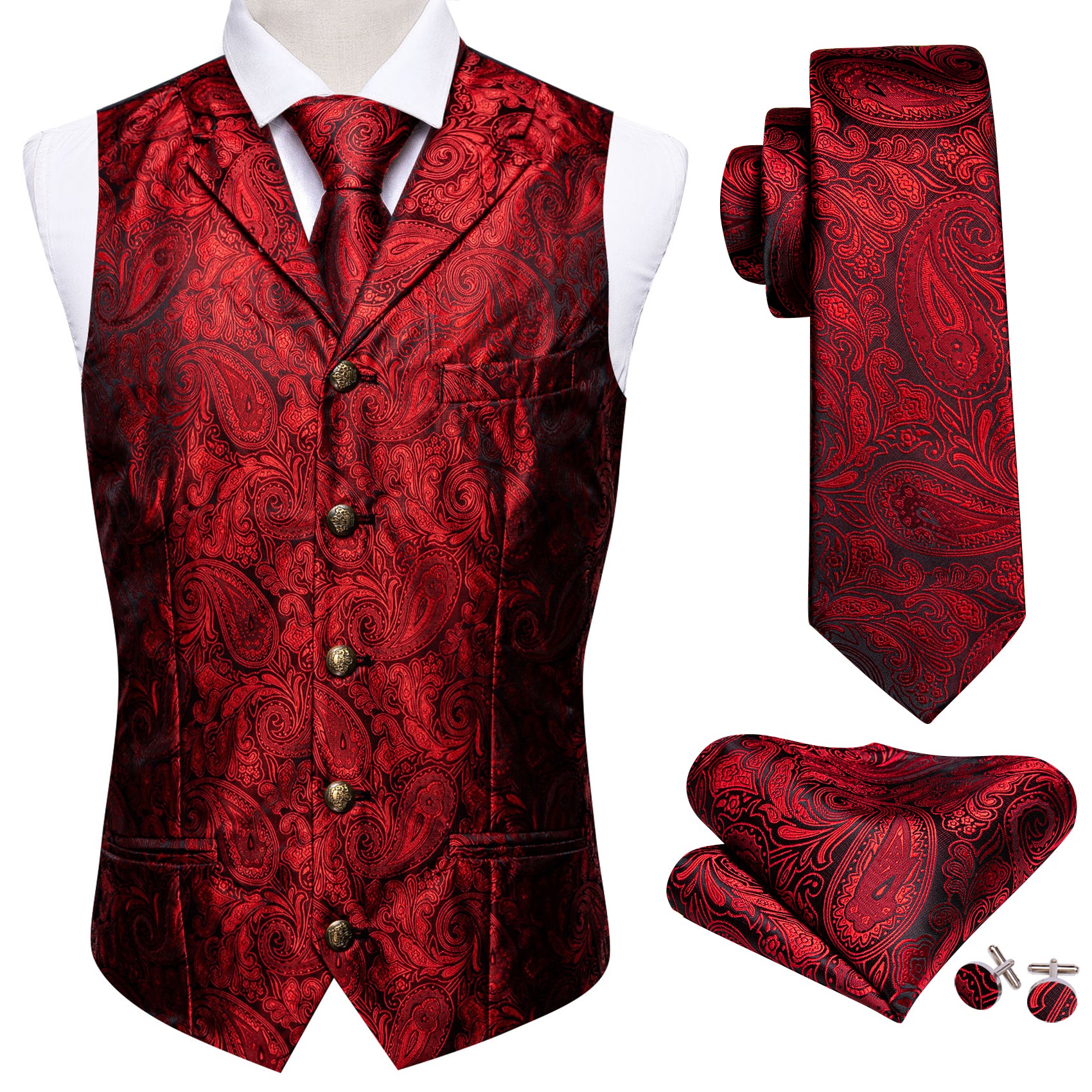 Barry.wang Men's Vest Bright Red Paisley Silk Vest Necktie Pocket Square Cufflinks Set