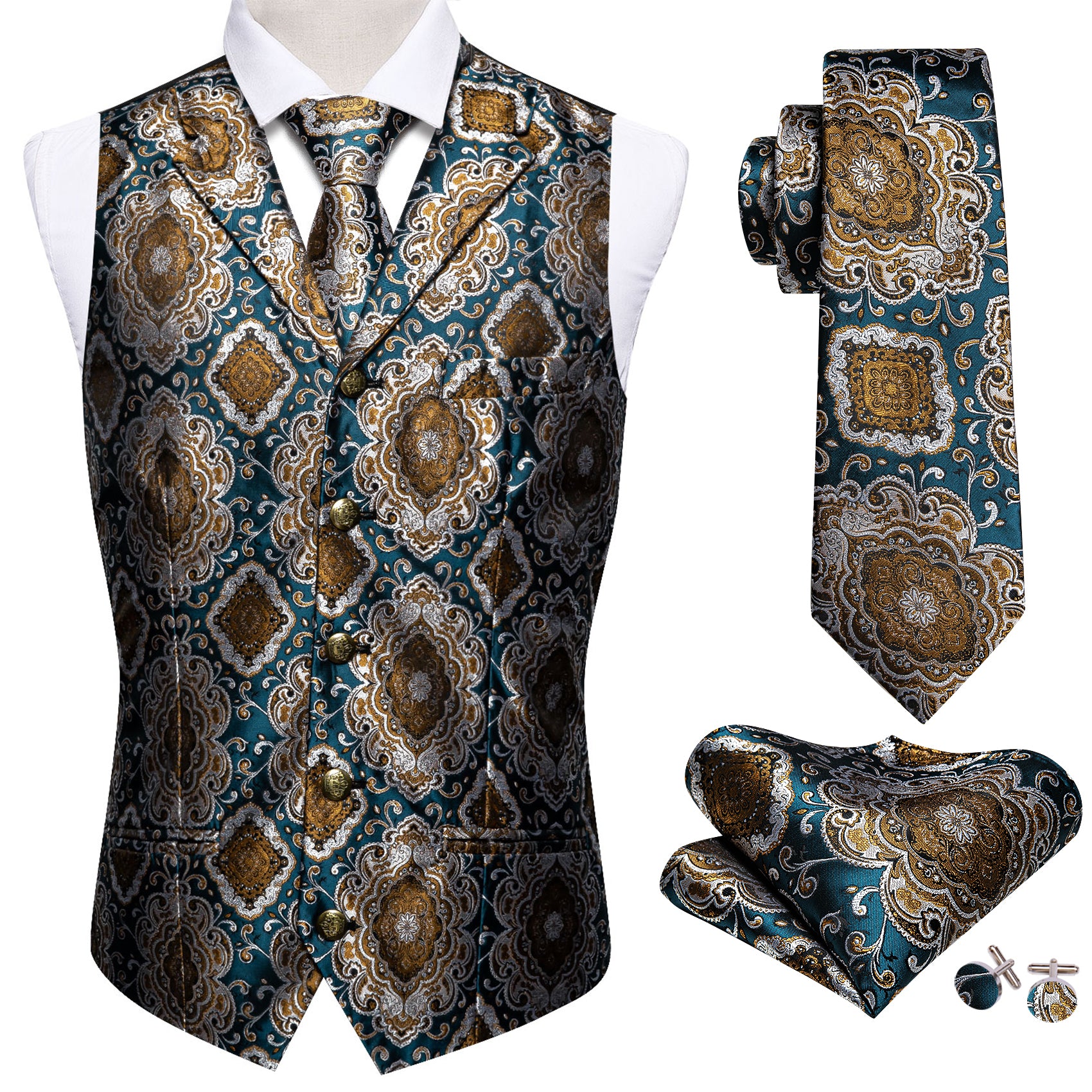 Bright Brown Blue Paisley Silk Vest Necktie Pocket Square Cufflinks Set