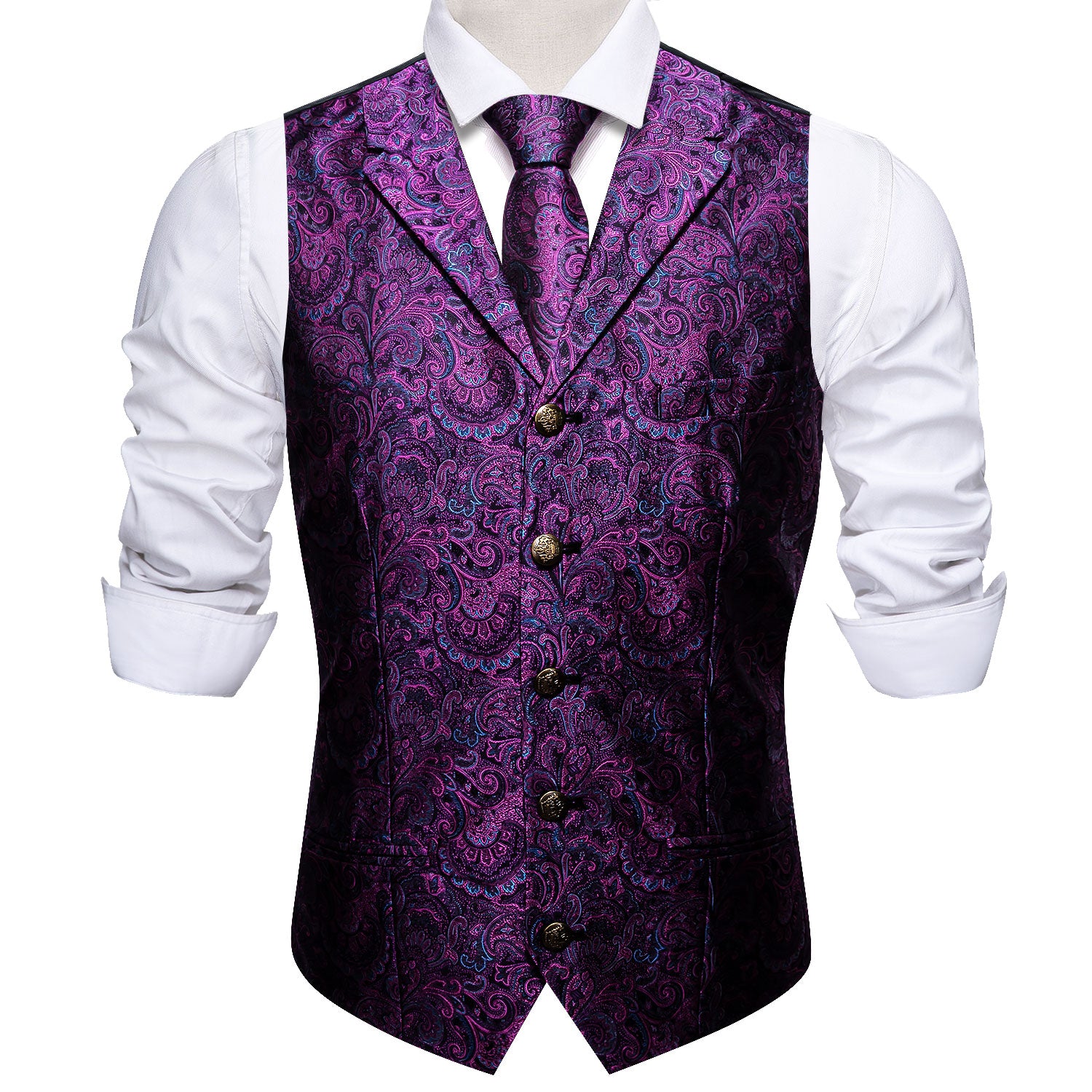 Bright Purple Blue Paisley Silk Vest Necktie Pocket Square Cufflinks Set