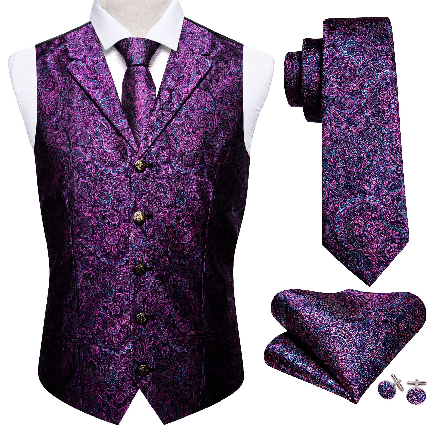 black tux with purple vest