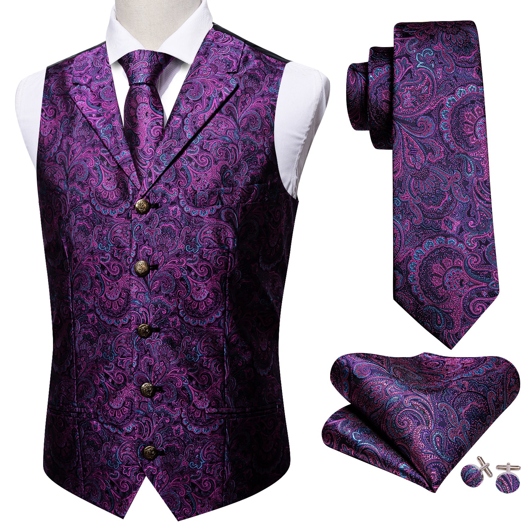 black tux with purple vest and tie