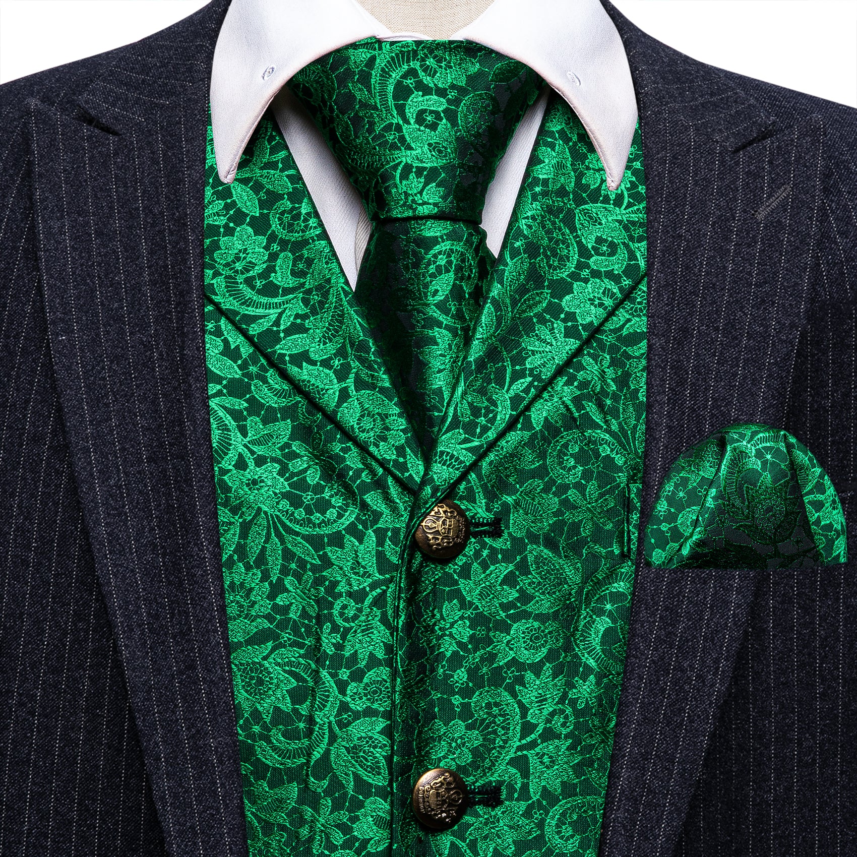 Bright Green Floral Silk Vest Necktie Pocket Square Cufflinks Set