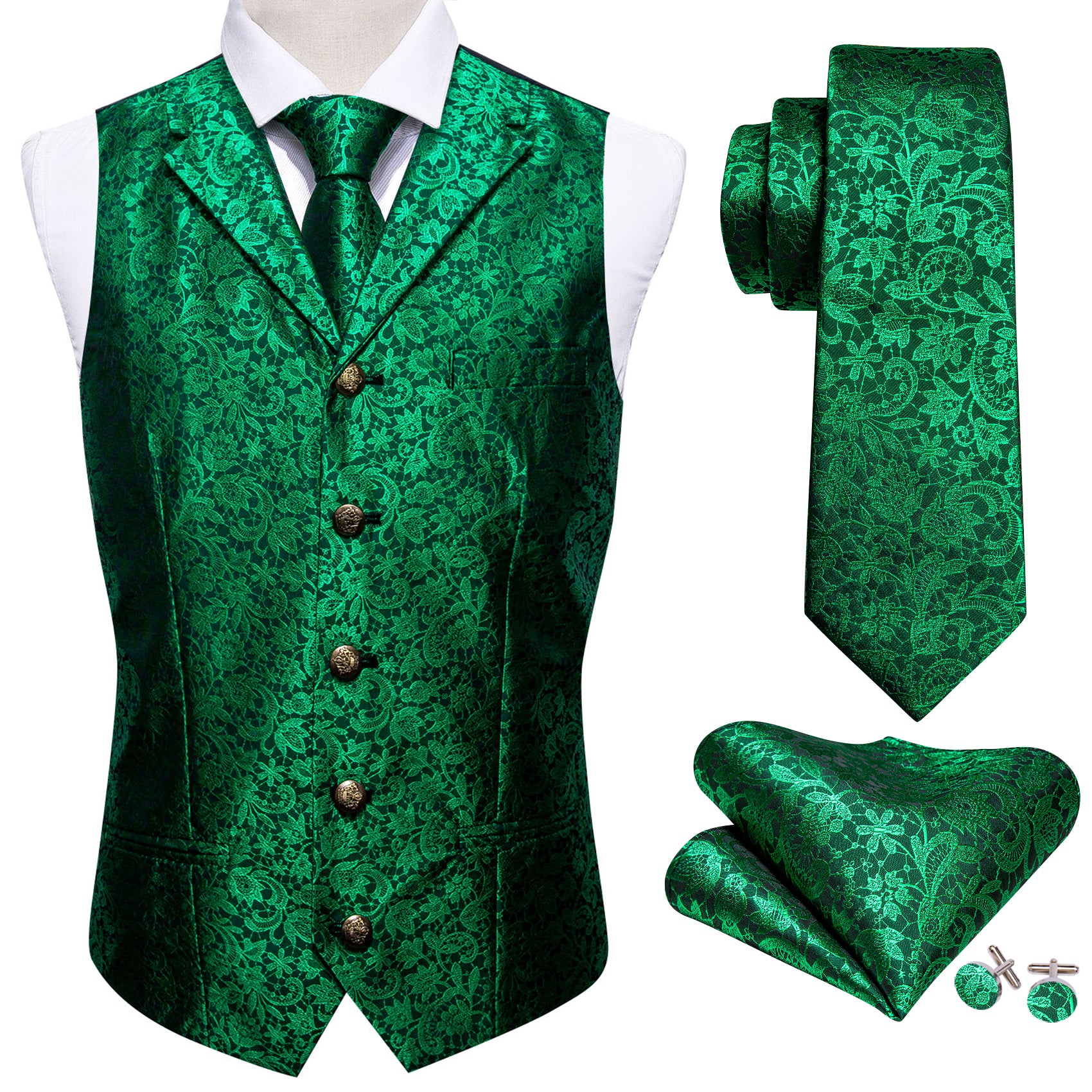 Bright Green Floral Silk Vest Necktie Pocket Square Cufflinks Set