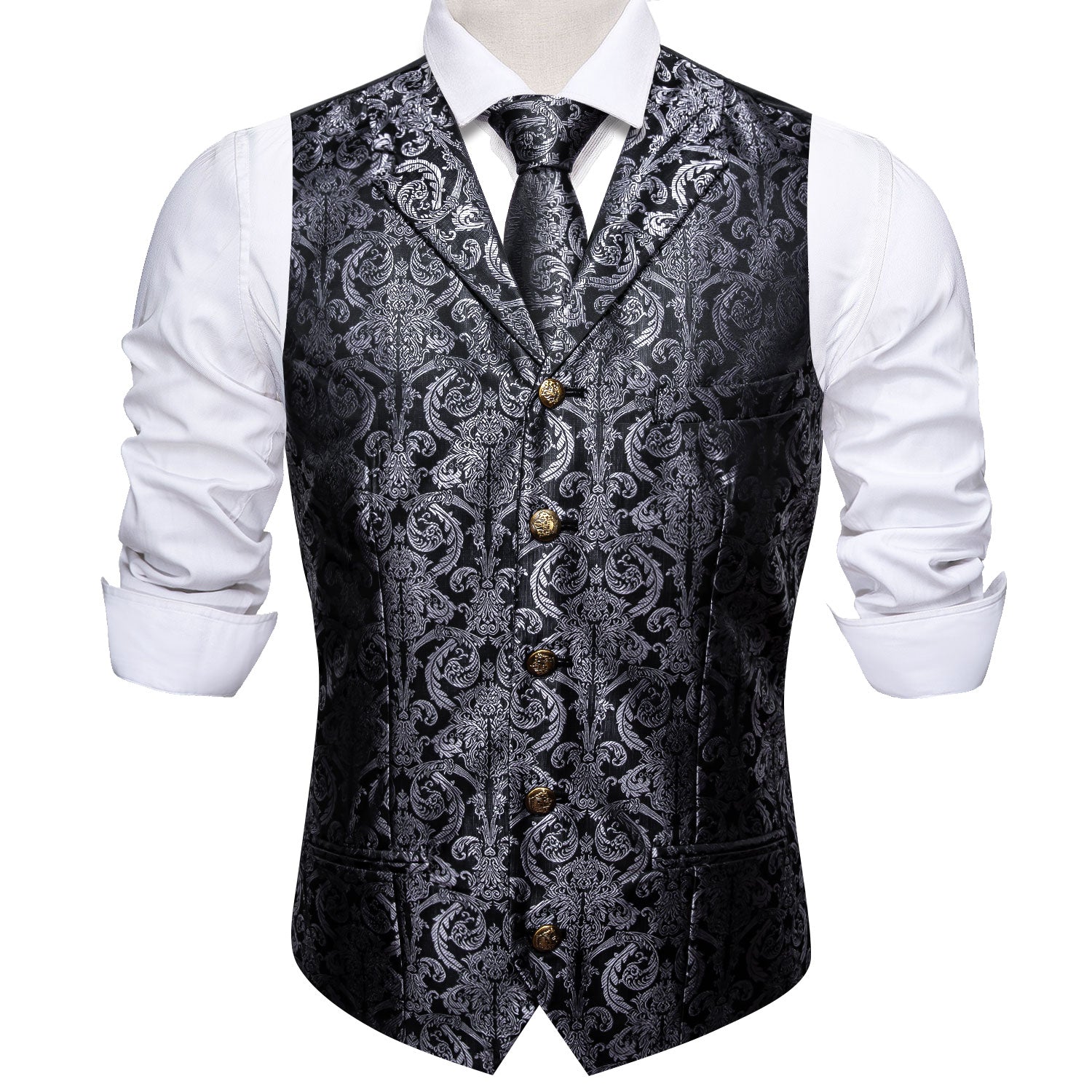 Bright Silver Black Paisley Silk Vest Necktie Pocket Square Cufflinks Set