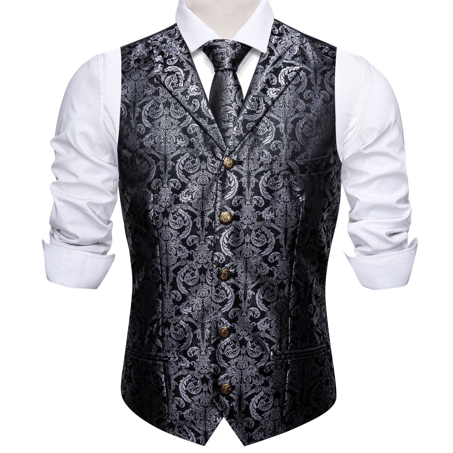 Barry. Wang Silk Paisley Collar Vest Grey Black Suit Waistcoat Tie Hanky Cufflinks Set, L Barry. Wang Silk Paisley Collar Vest Grey Black Suit Waistcoat Tie Hanky Cufflinks Set, L
